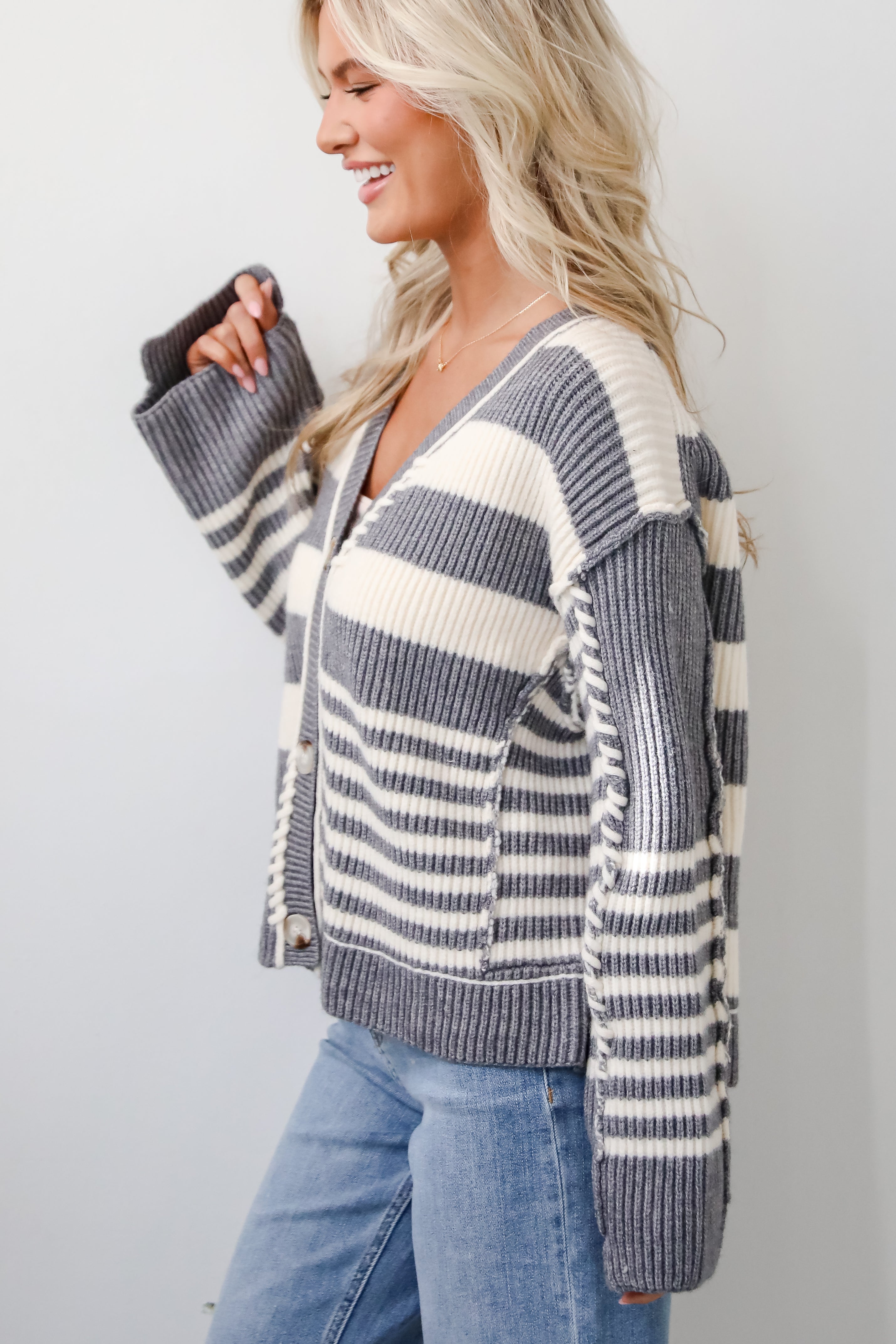 Noteworthy Charisma Grey Striped Sweater Cardigan