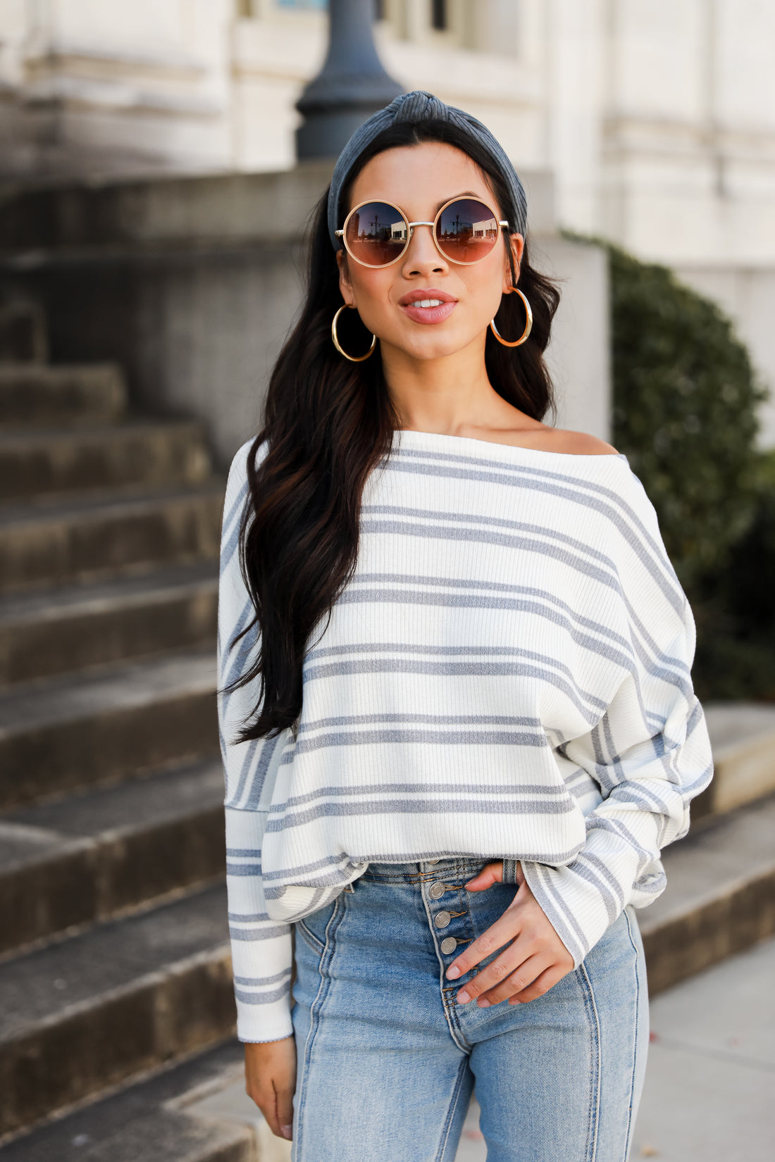 grey Striped Knit Top on model