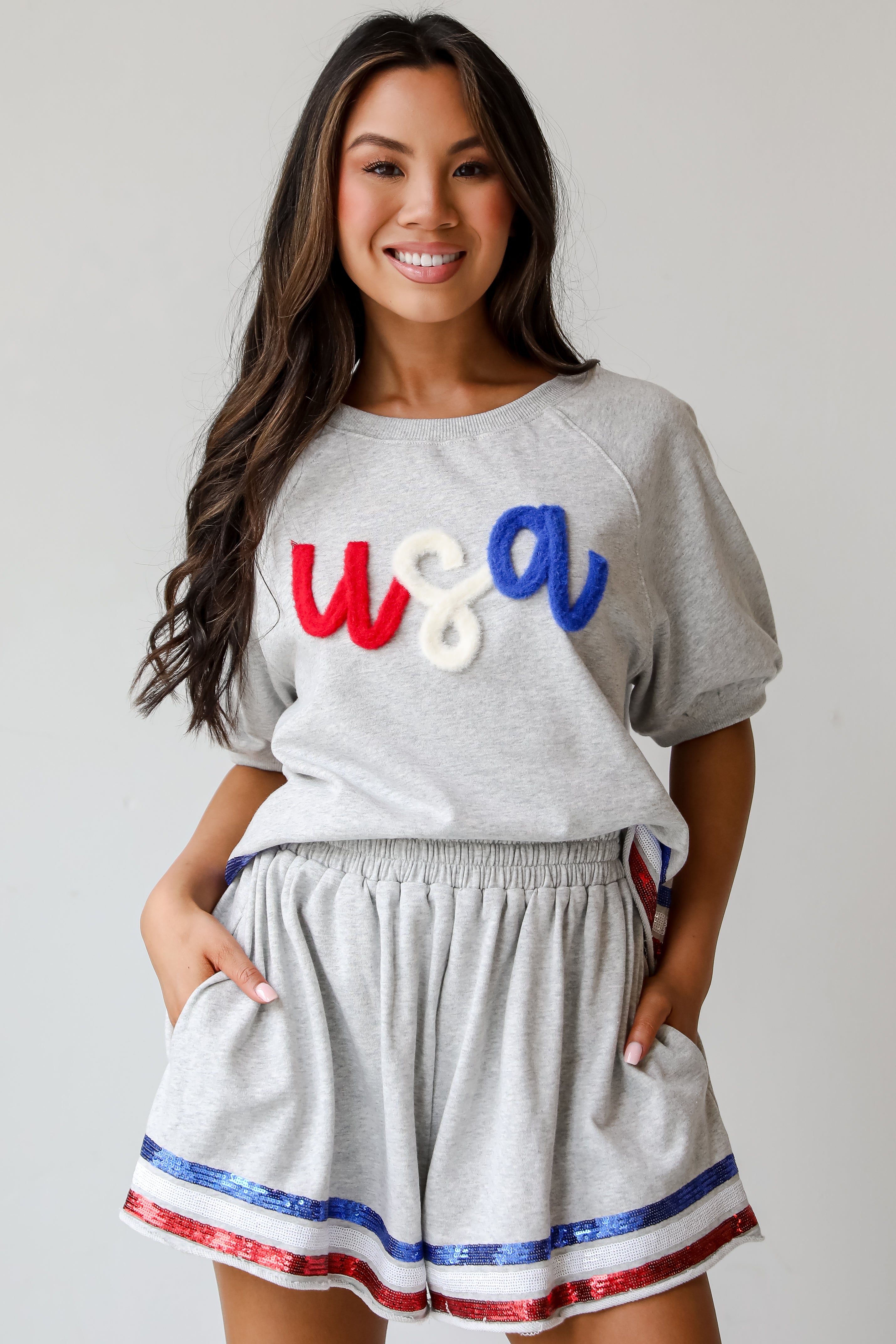 USA Heather Grey Sequin Top