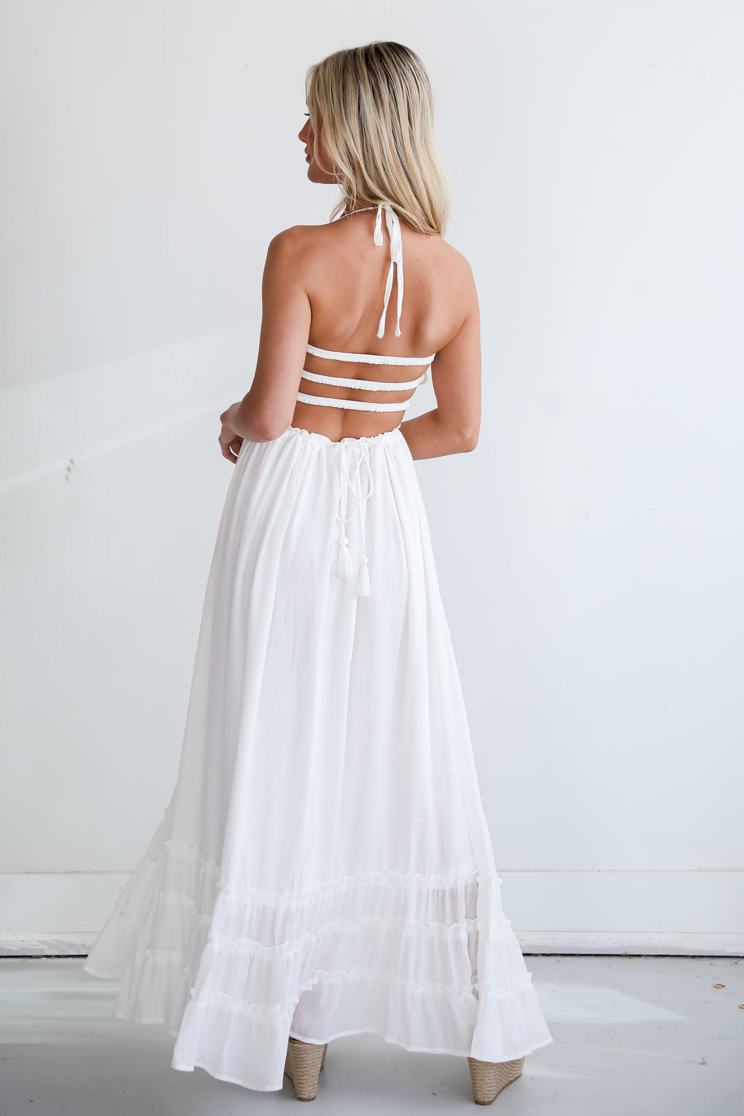 white strappy Smocked Halter Maxi Dress