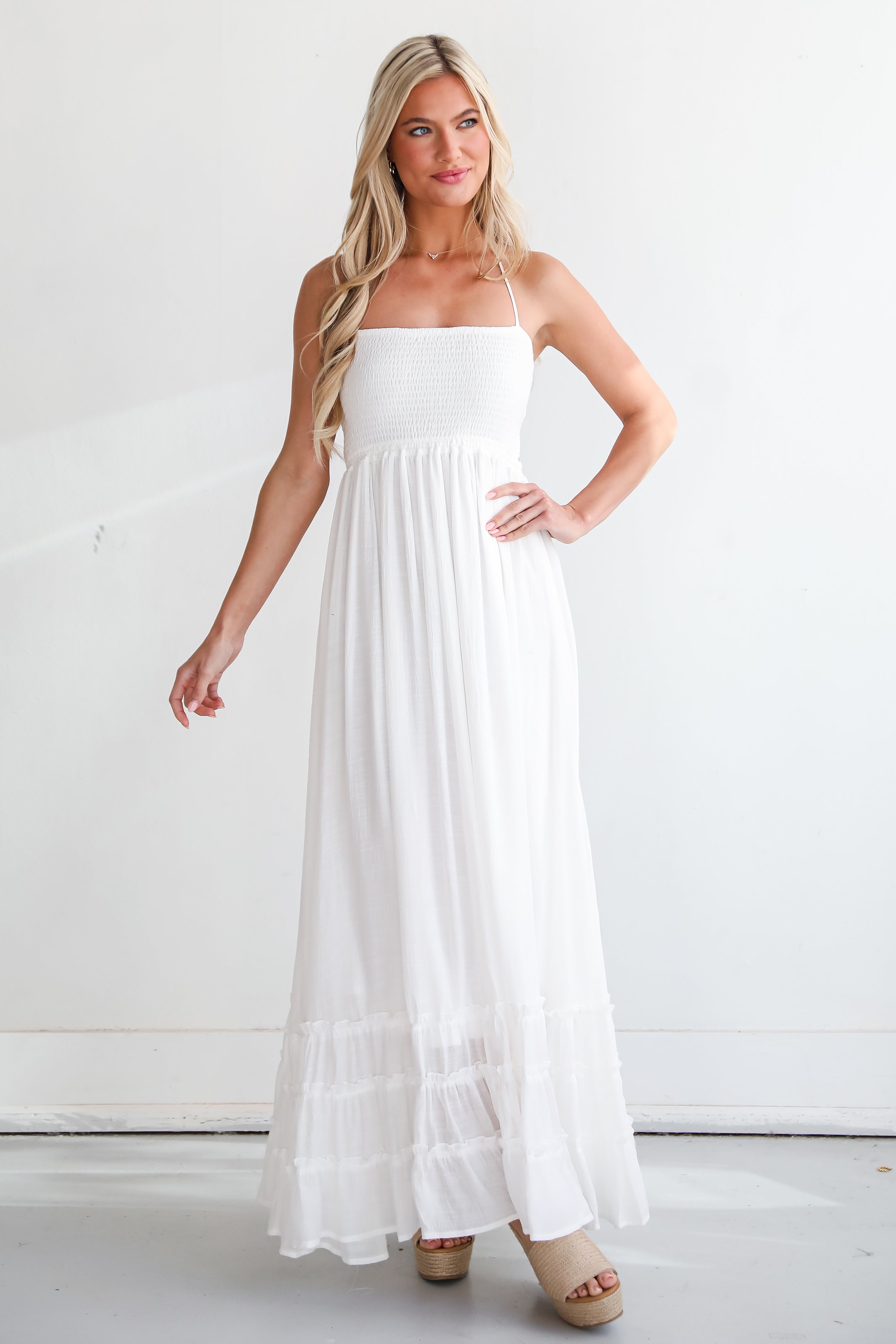 boho white Smocked Halter Maxi Dress