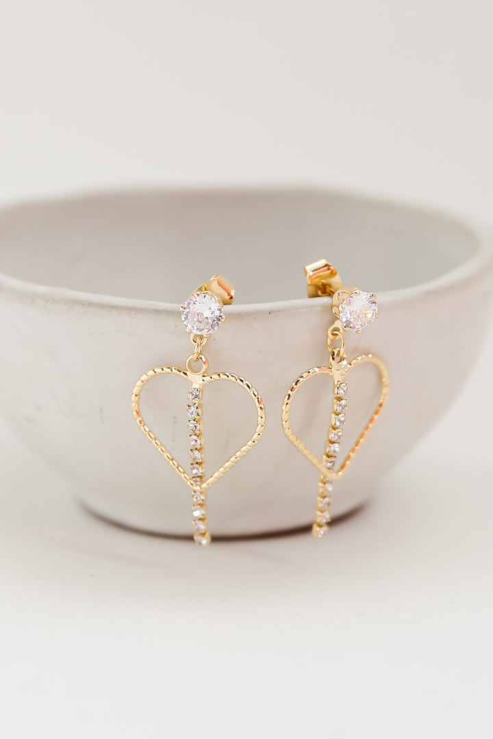 Gold Rhinestone Heart Drop Earrings