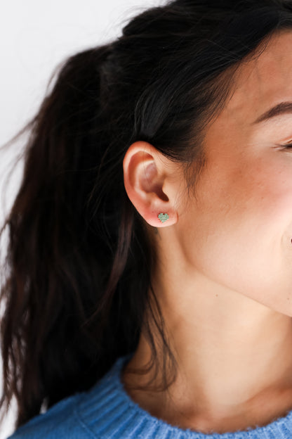 Green Rhinestone Heart Stud Earrings on model