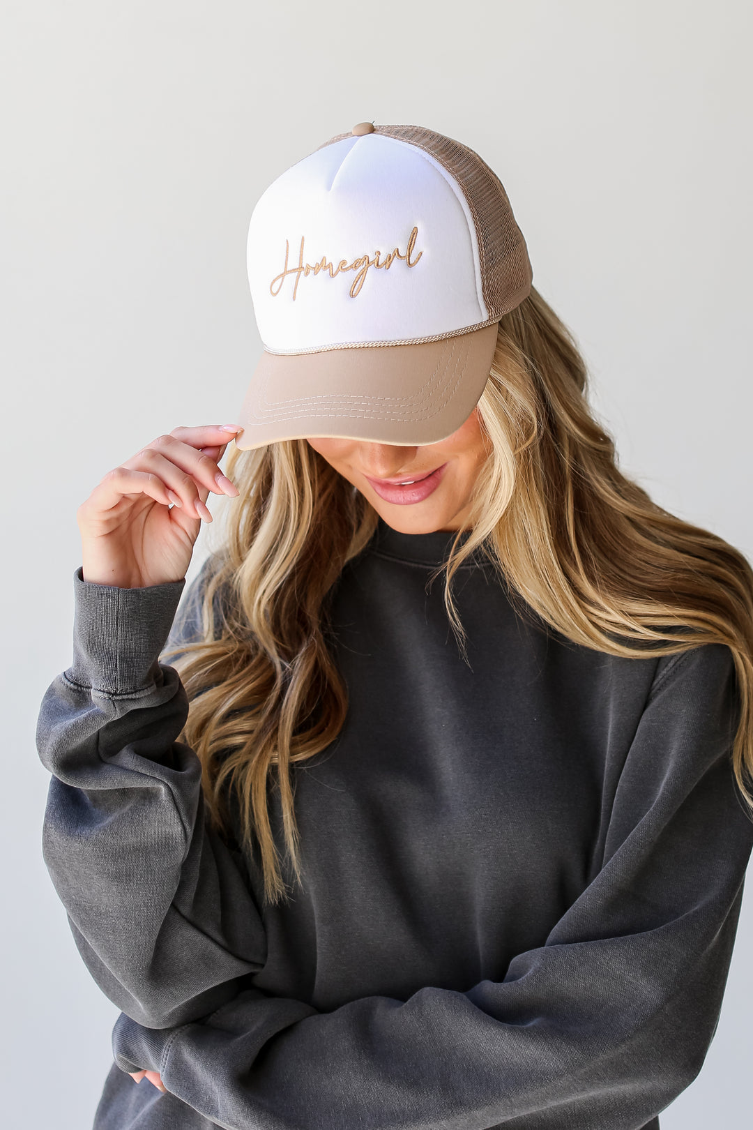 cute Taupe Homegirl Trucker Hat front view