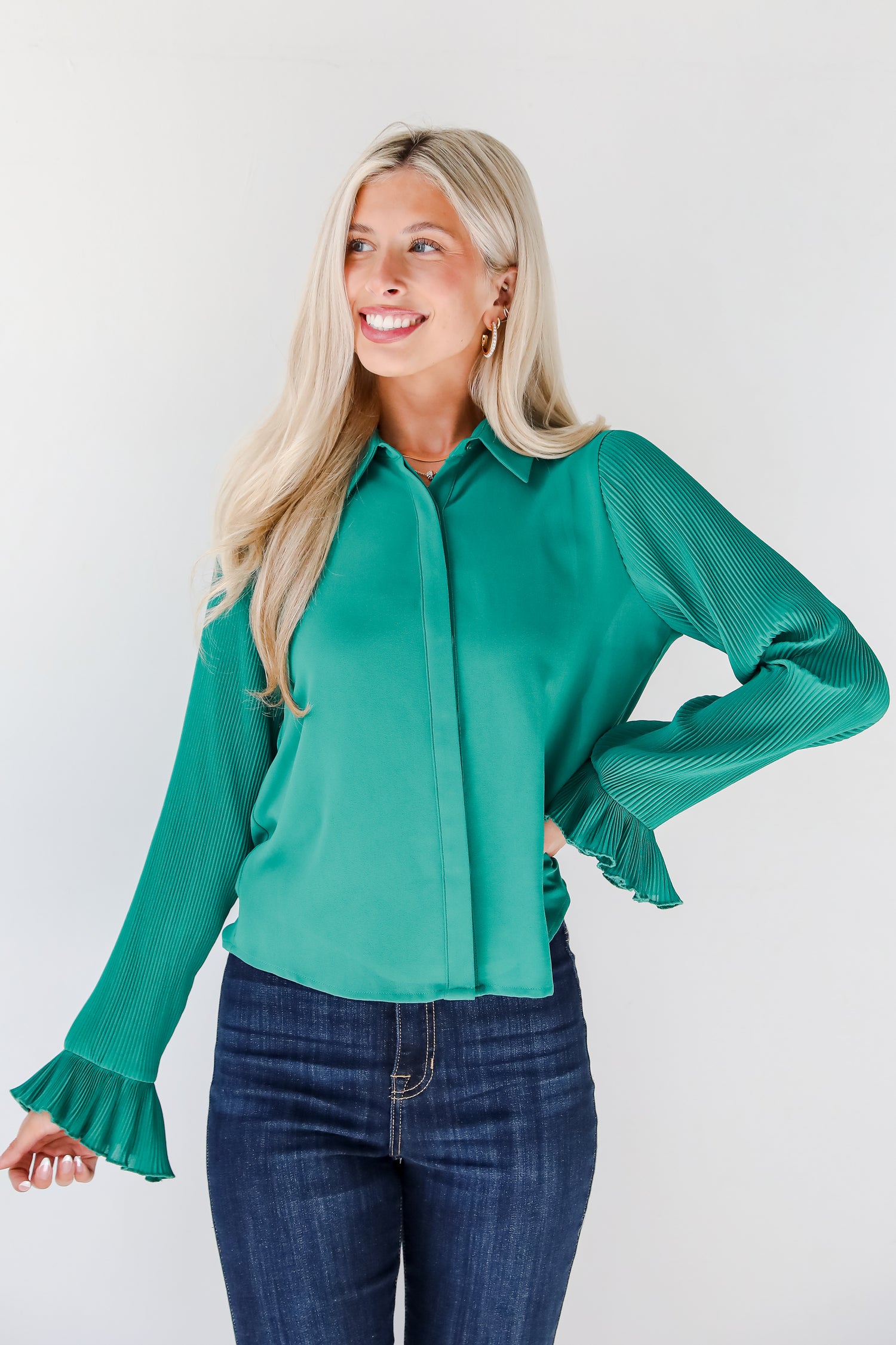 Unbelievable Energy Hunter Green Plisse Blouse