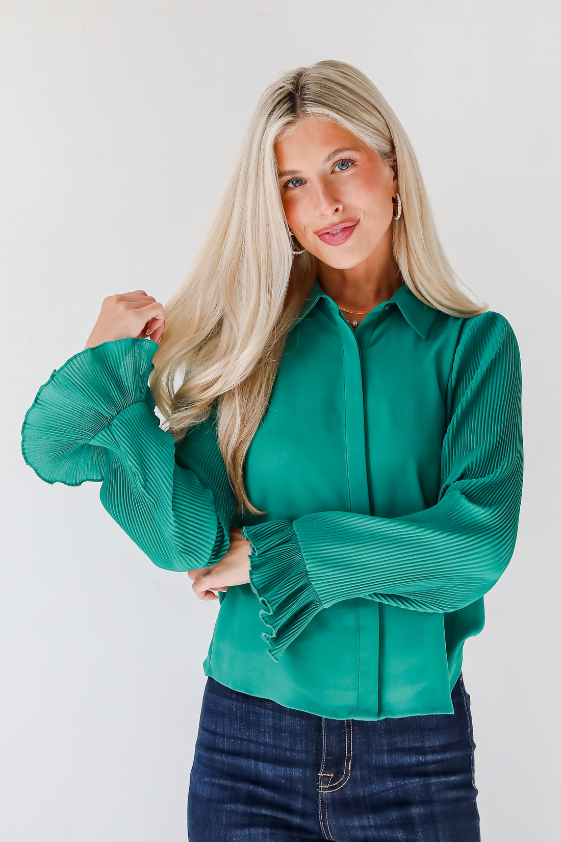 Unbelievable Energy Hunter Green Plisse Blouse