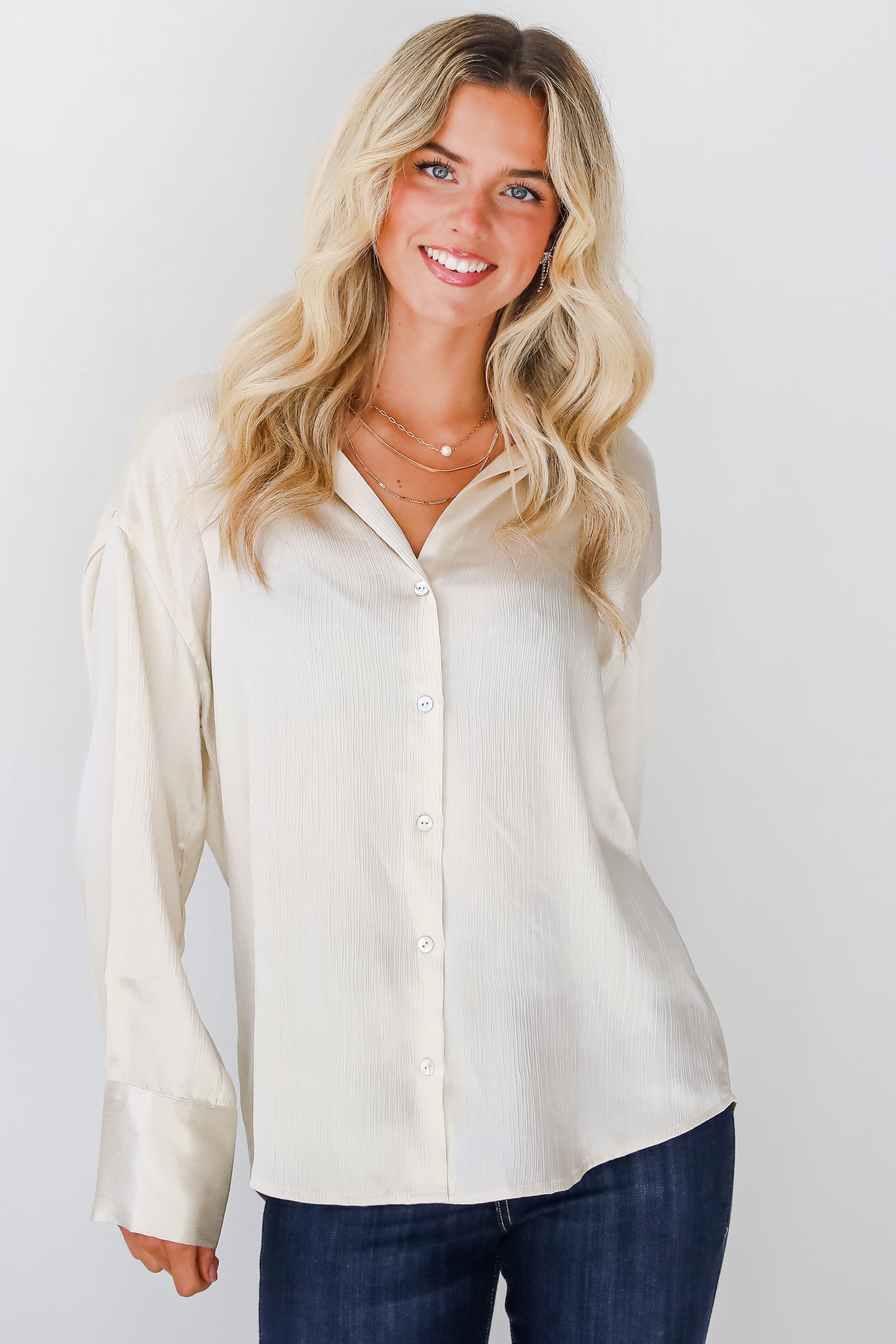 Pristine Luxury Satin Button-Up Blouse