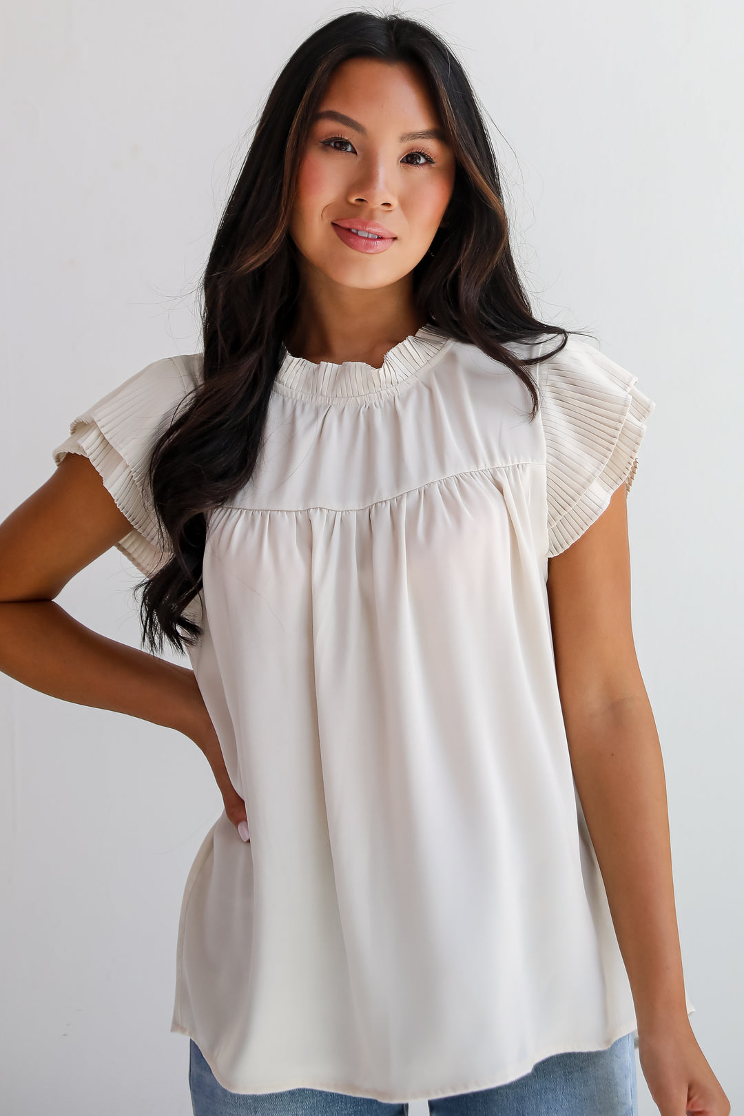 Convincing Aesthetic Cream Ruffle Blouse