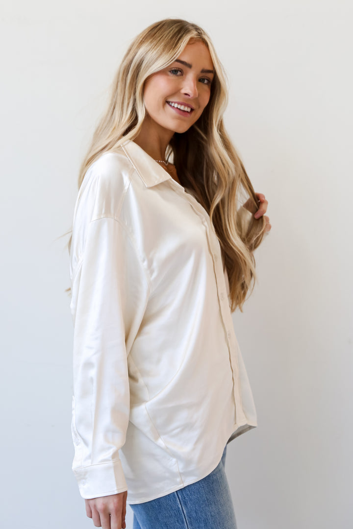 womens Ivory Satin Oversized Button-Up Blouse