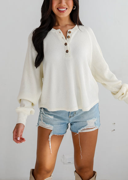 Relaxing Weekend Ivory Waffle Knit Henley Top