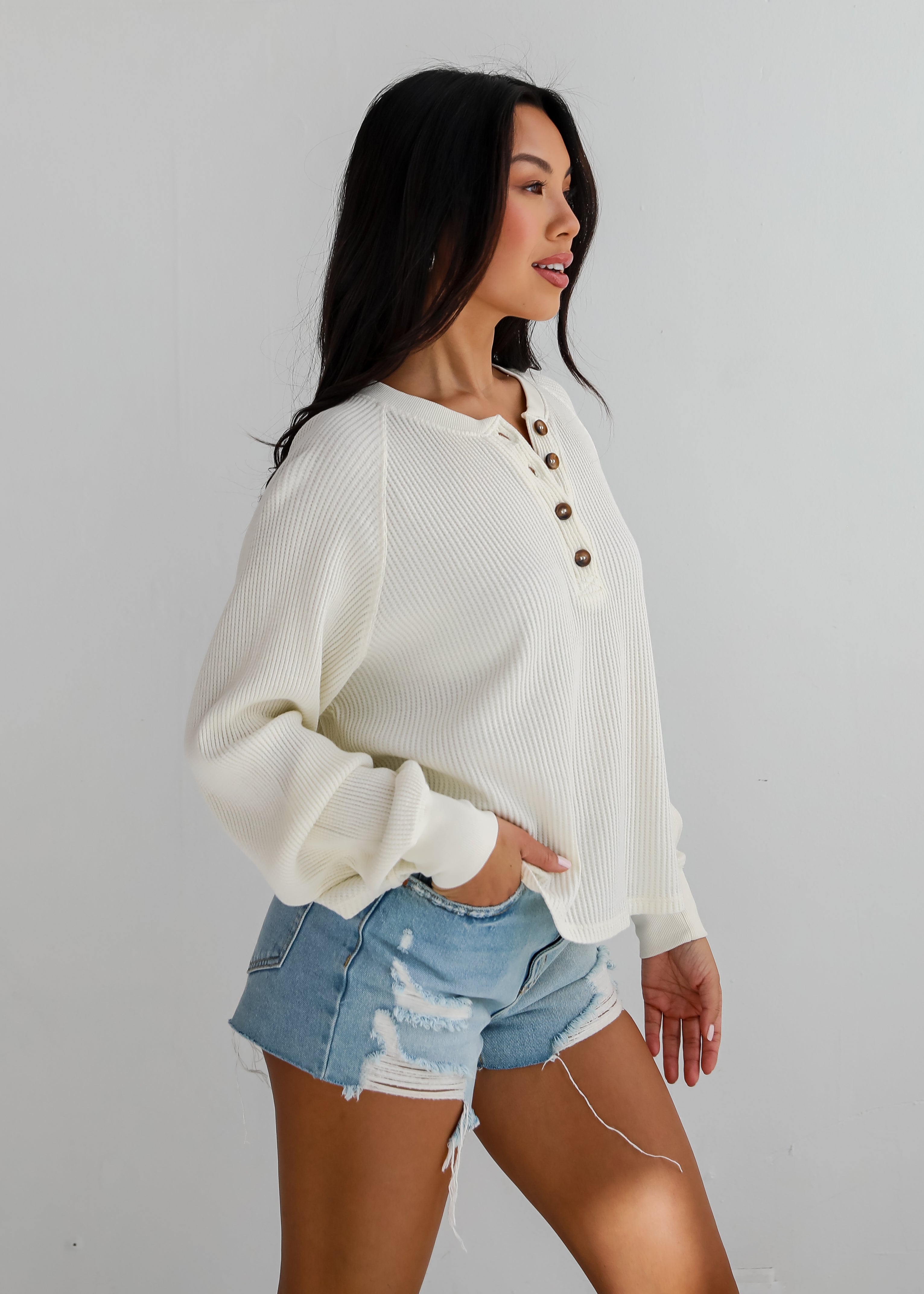 Relaxing Weekend Ivory Waffle Knit Henley Top - DU DEAL