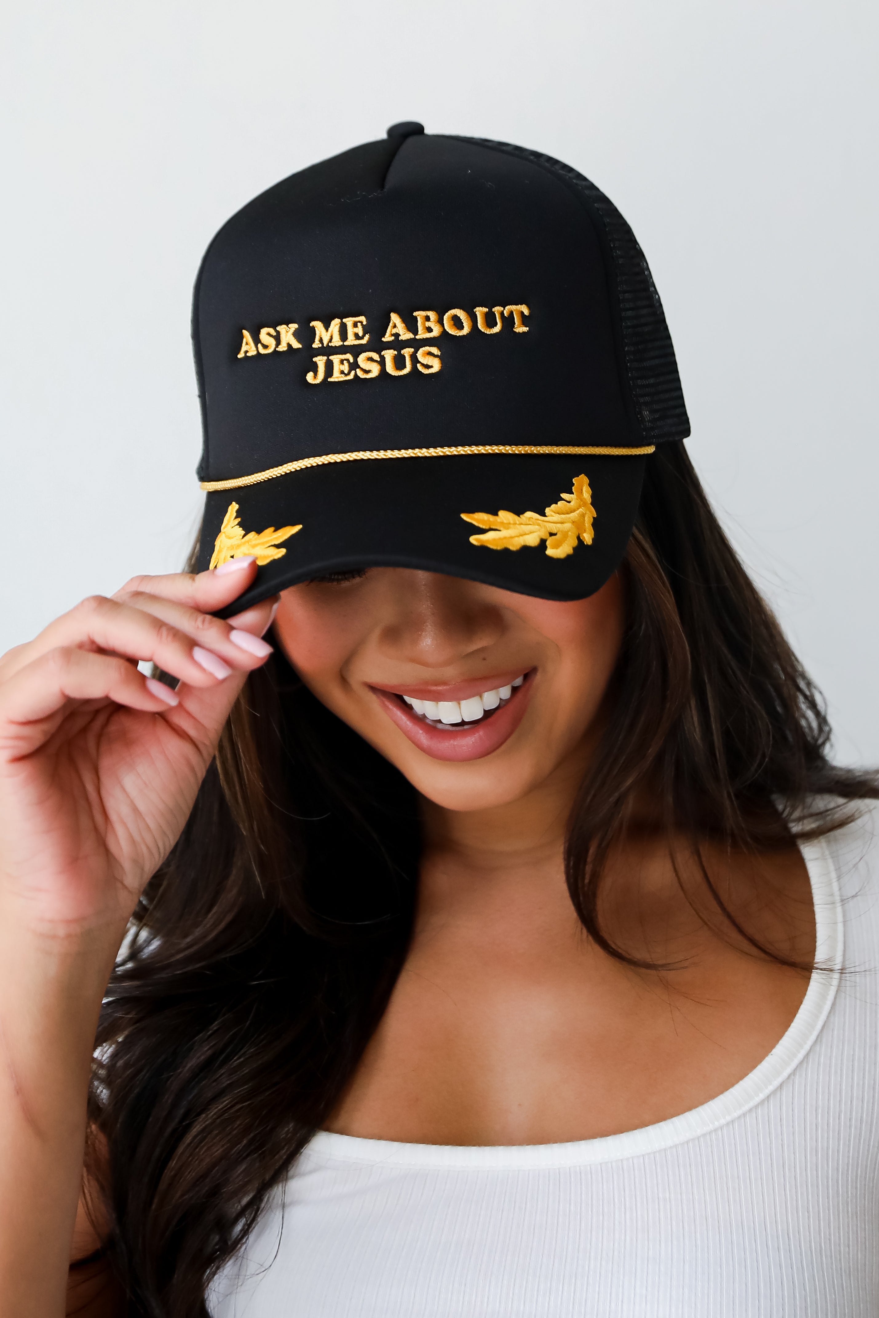 Black Ask Me About Jesus Trucker Hat