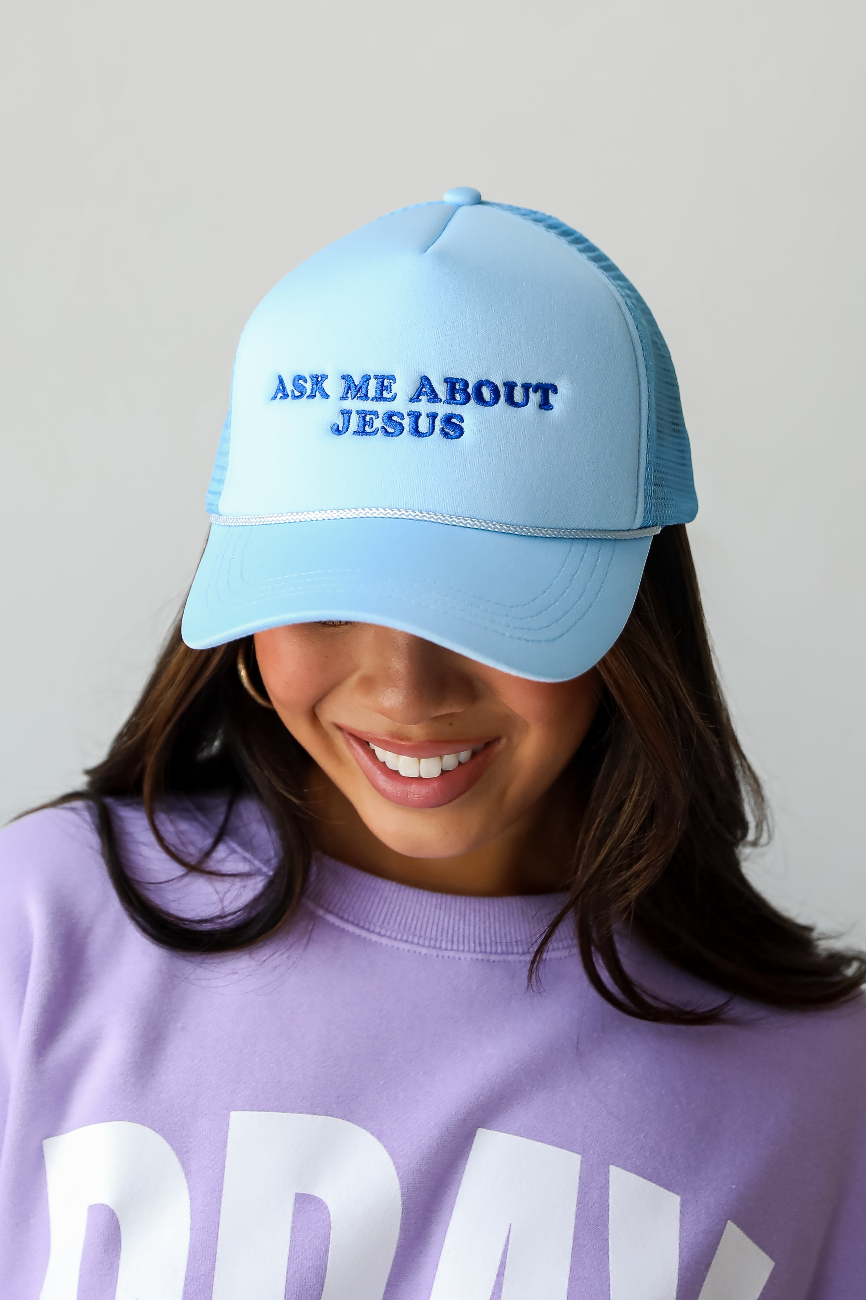 Light Blue Ask Me About Jesus Trucker Hat