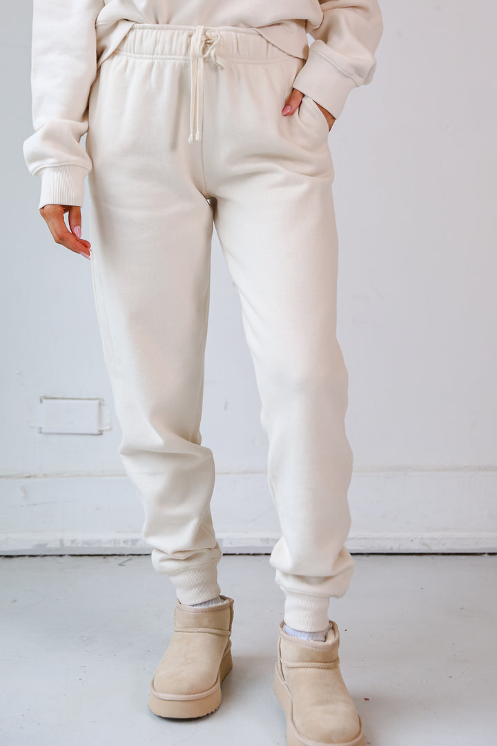 cream Fleece Jogger Sweatpants close up