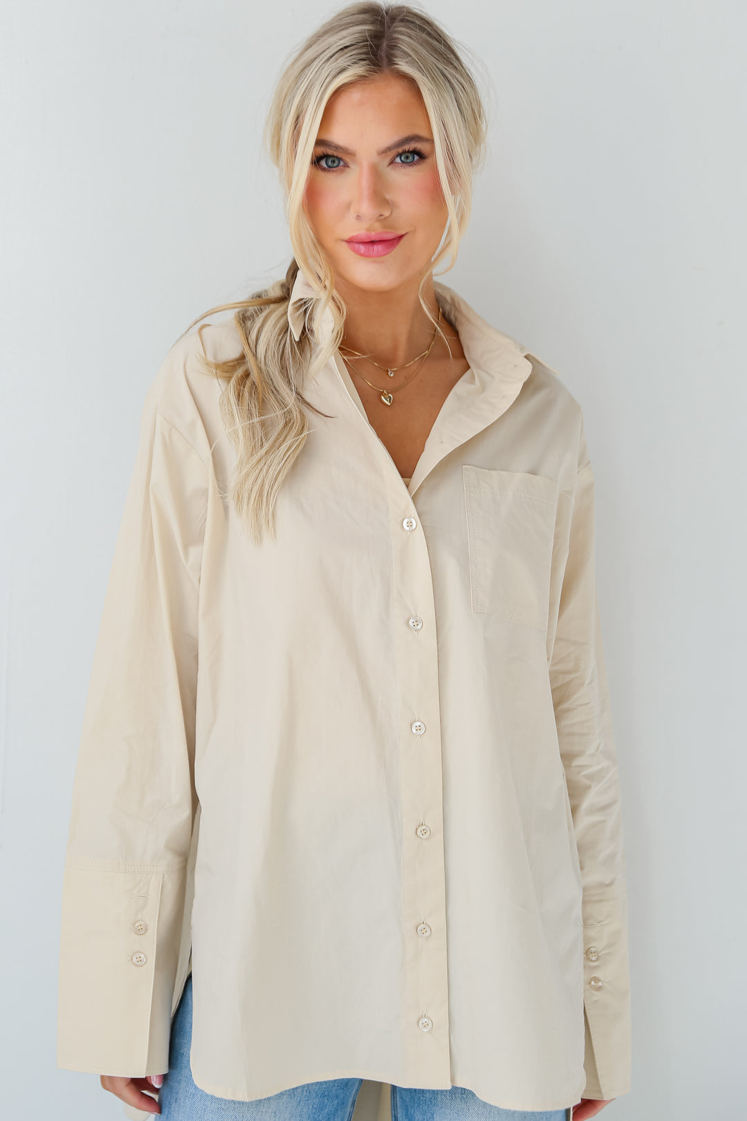 oversized Khaki Button-Up Blouse