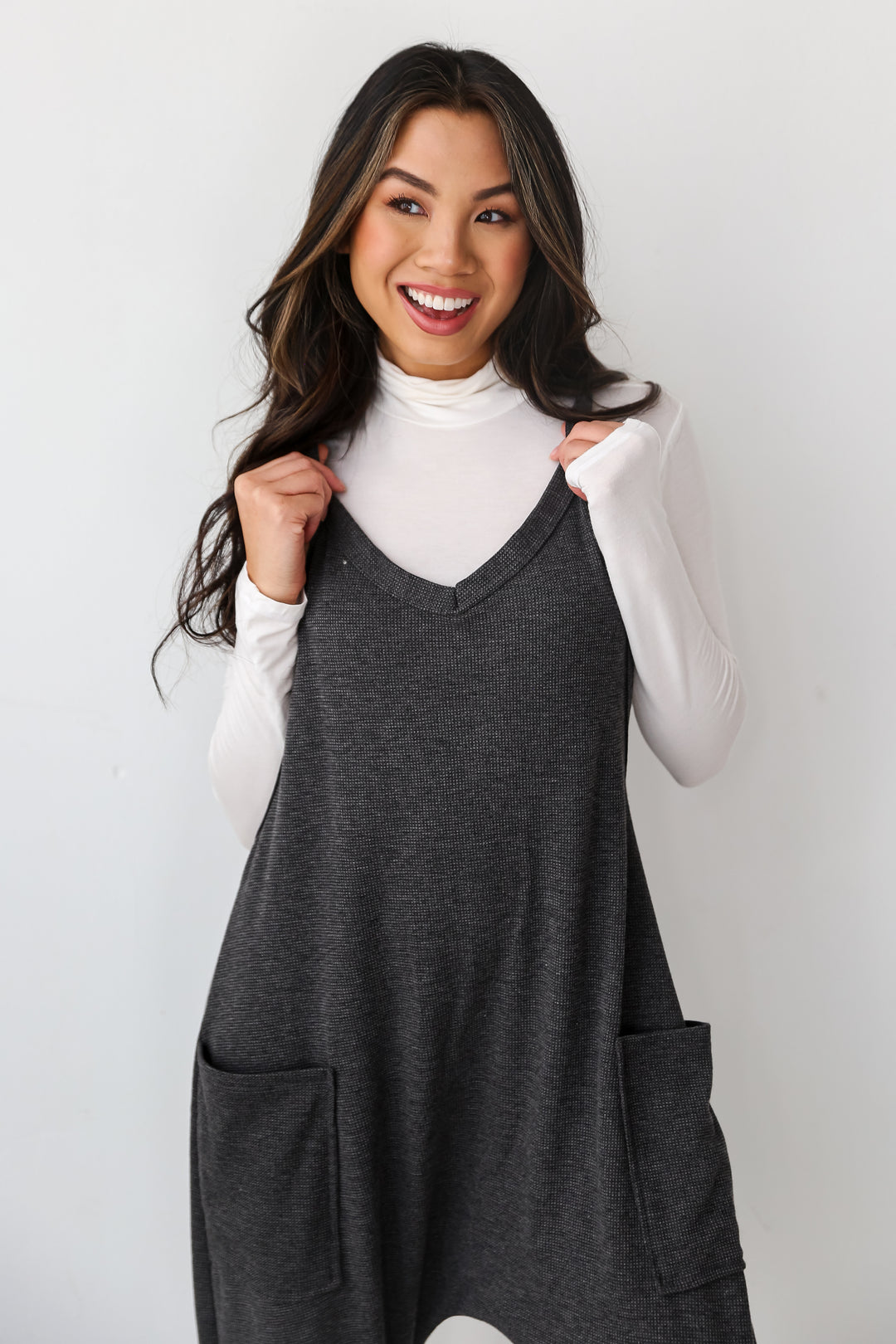 grey Waffle Knit Jumpsuit close up