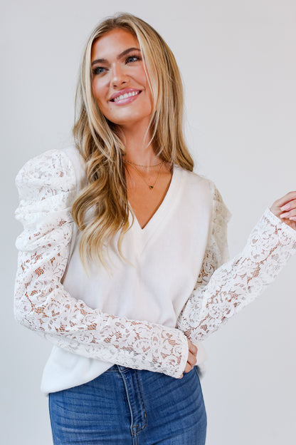 Off White Lace Sleeve Brushed Knit Top front view