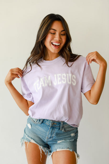 Lavender Team Jesus Tee on model