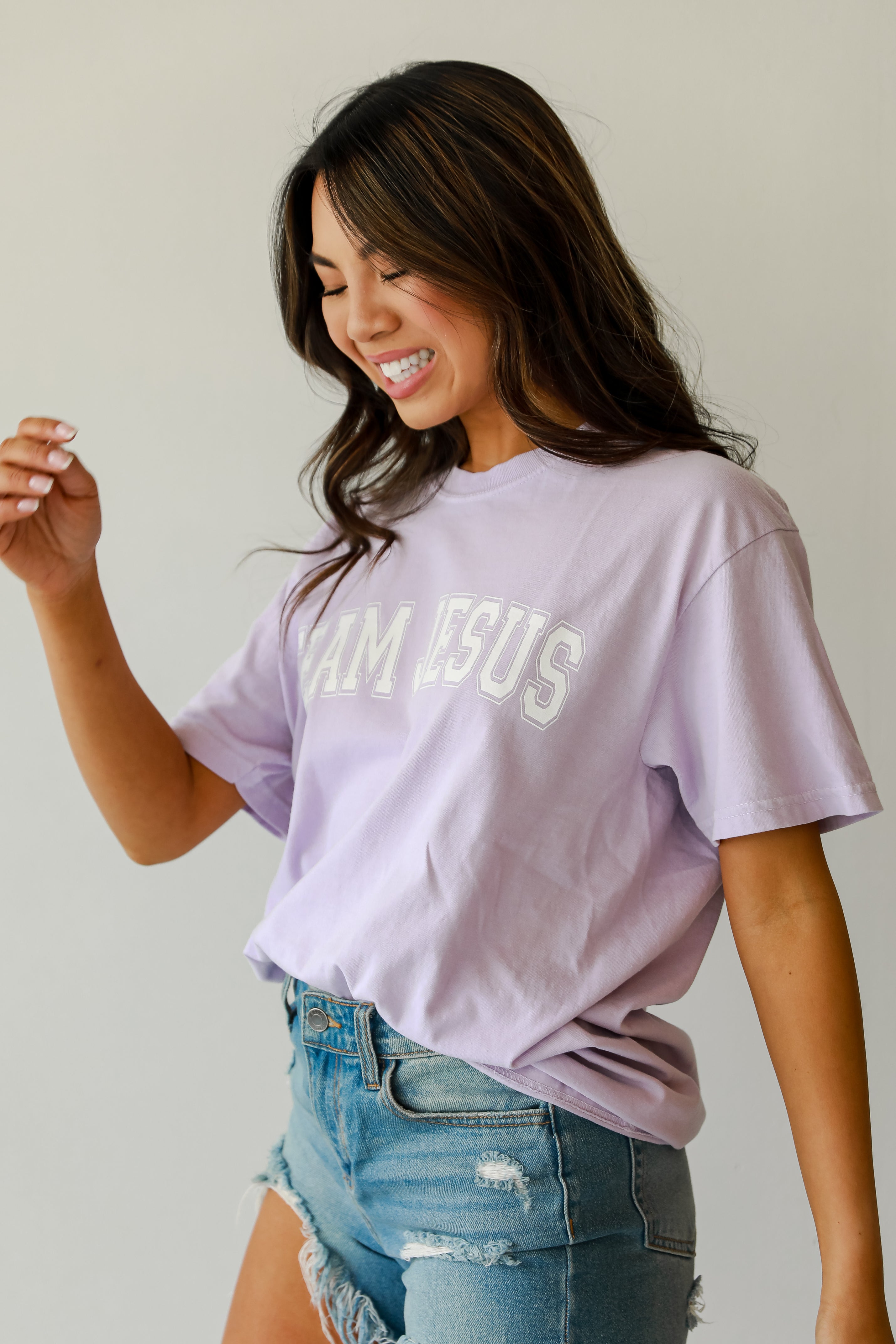 Lavender Team Jesus Tee side view