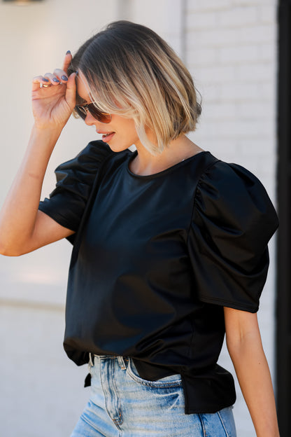 cute Black Puff Sleeve Leather Blouse