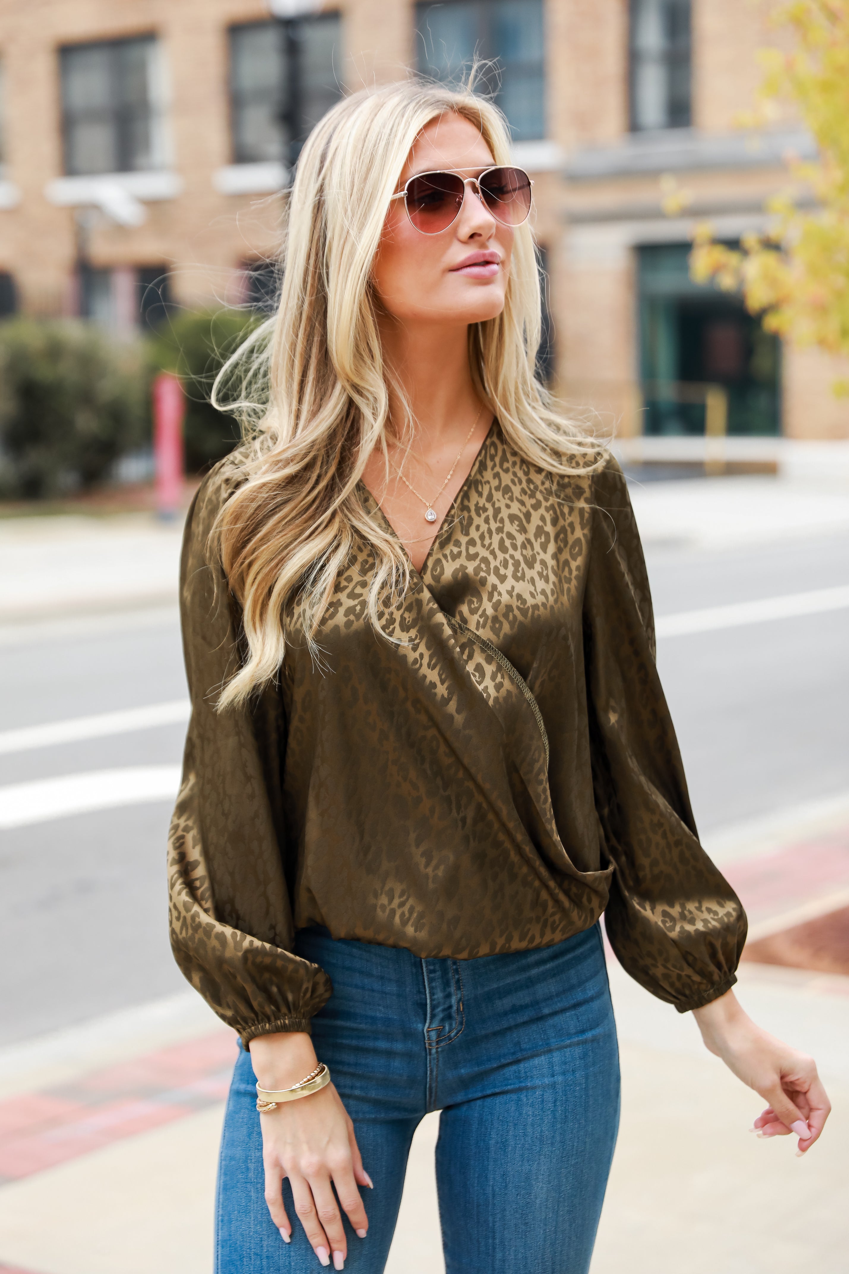 Olive Leopard Surplice Blouse