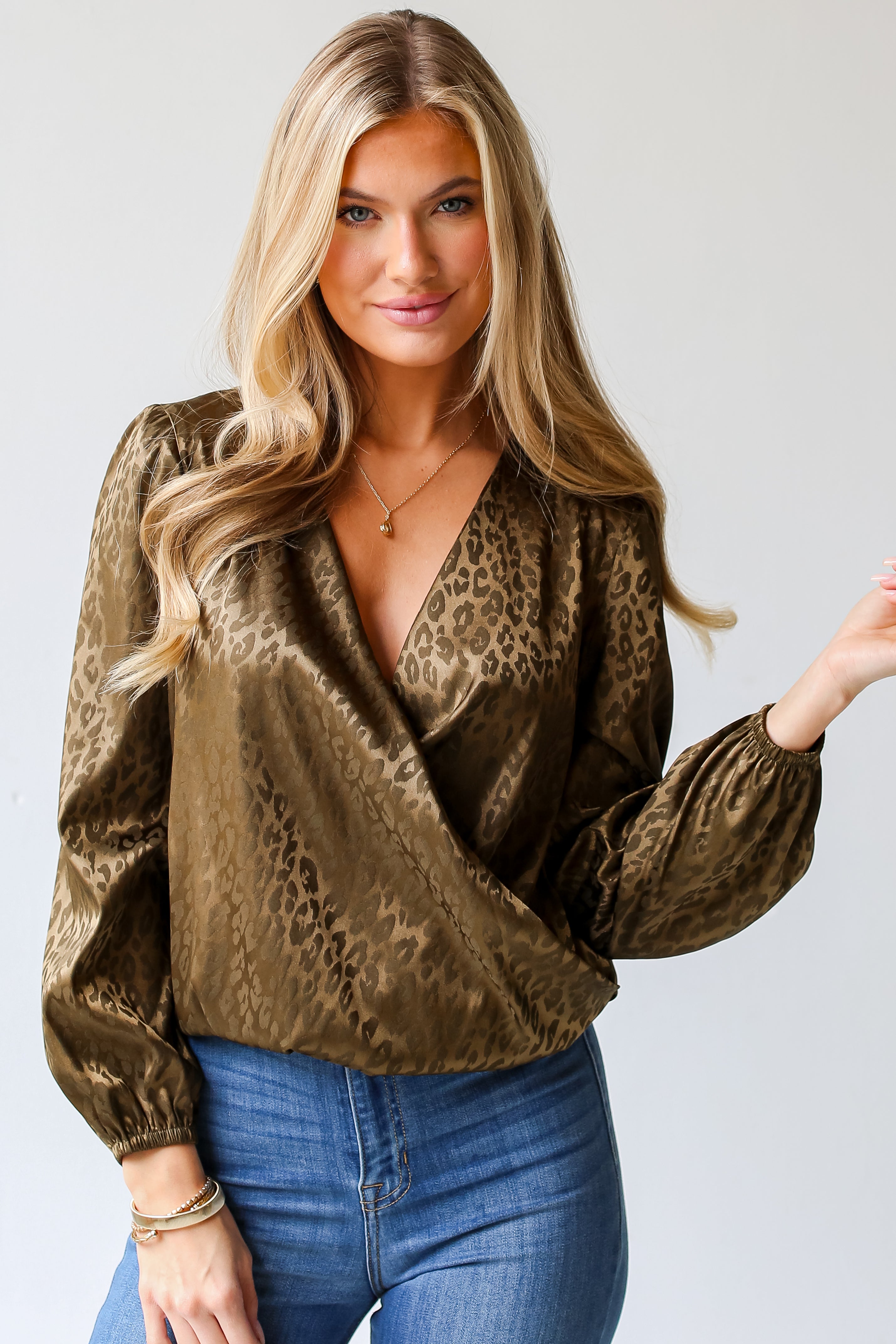 cute Olive Leopard Surplice Blouse