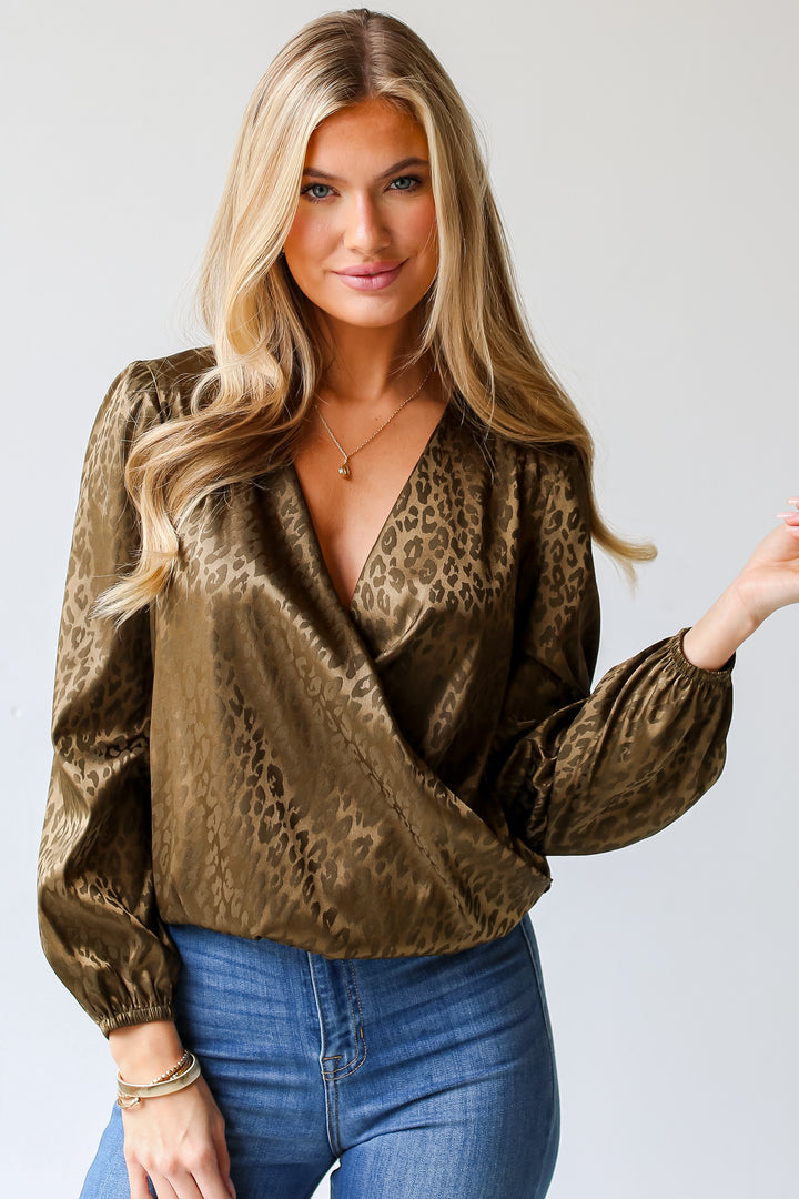 cute Olive Leopard Surplice Blouse