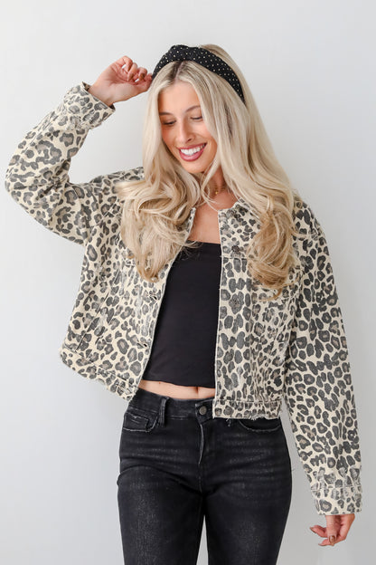 Fierce Concept Leopard Cropped Denim Jacket