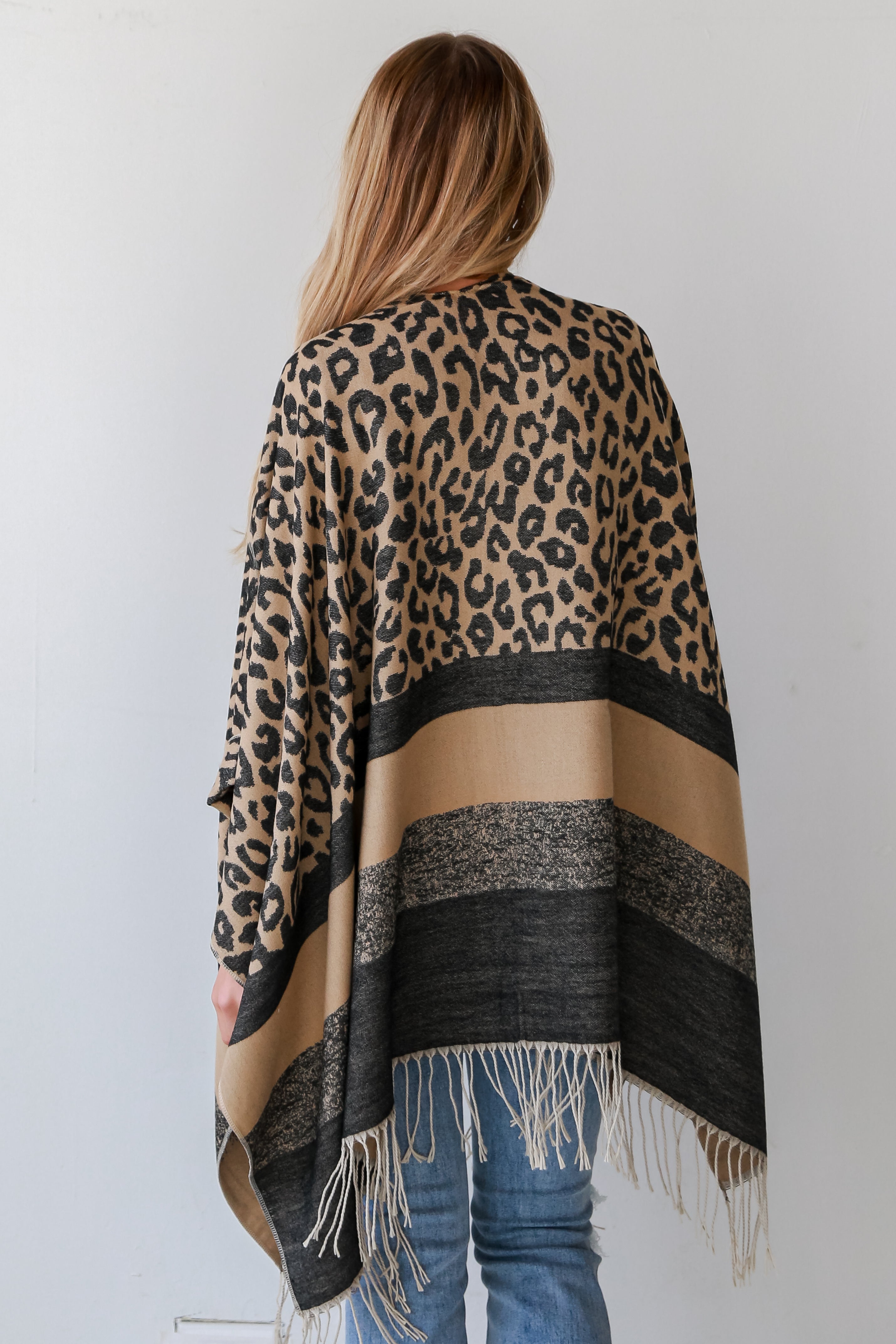 Brown Leopard Fringe Shawl on model