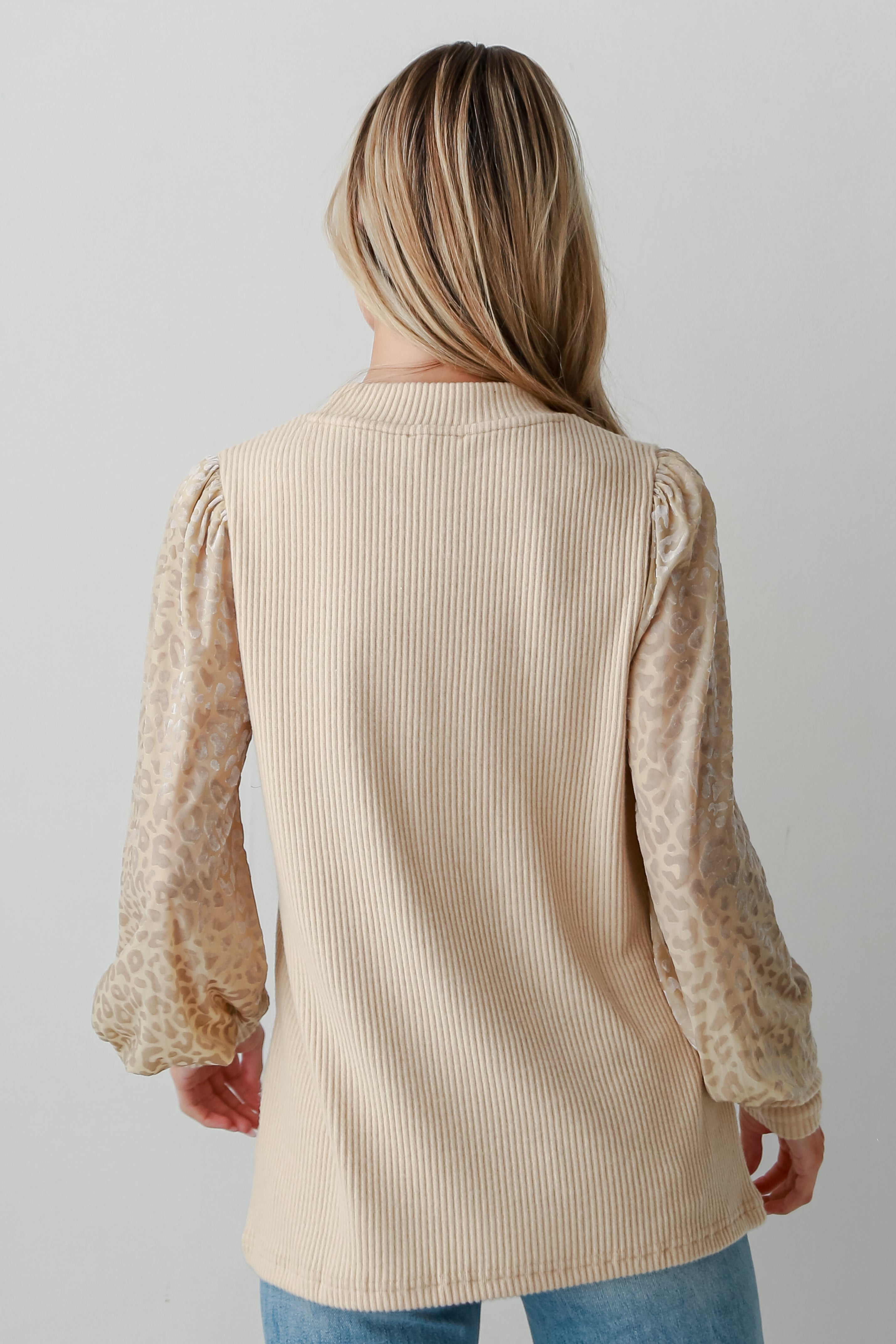 taupe Leopard Print Sleeve Knit Top back view