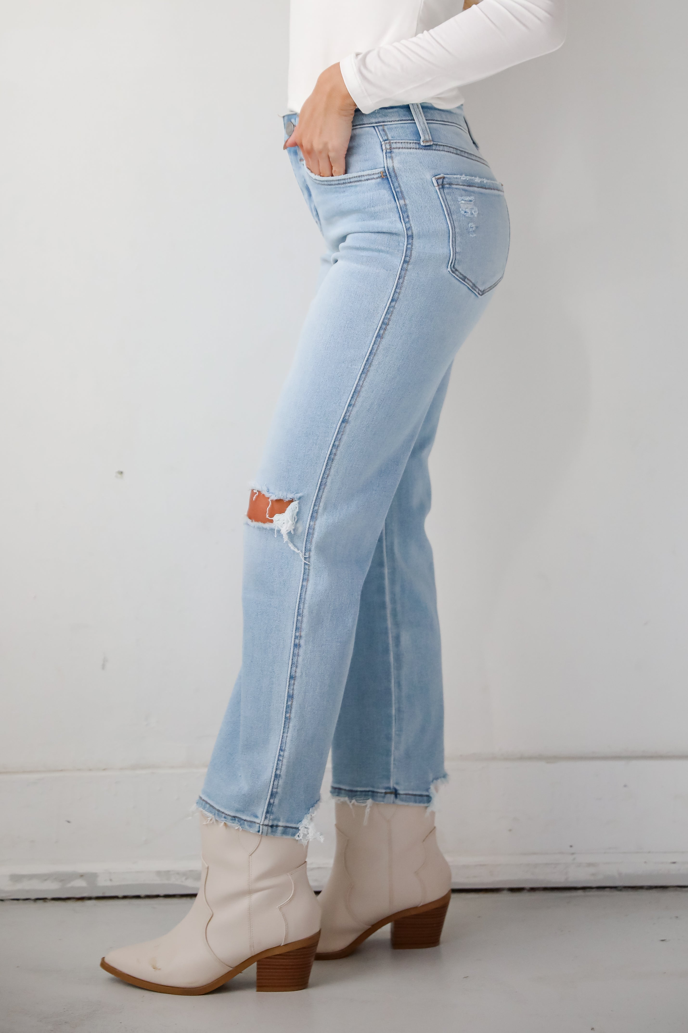 Lindsey Light Wash High Rise Distressed Straight Leg Jeans