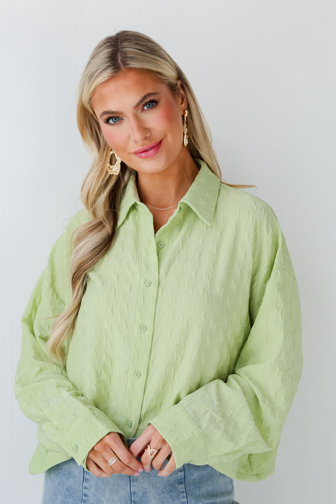 Lime Textured Blouse on model