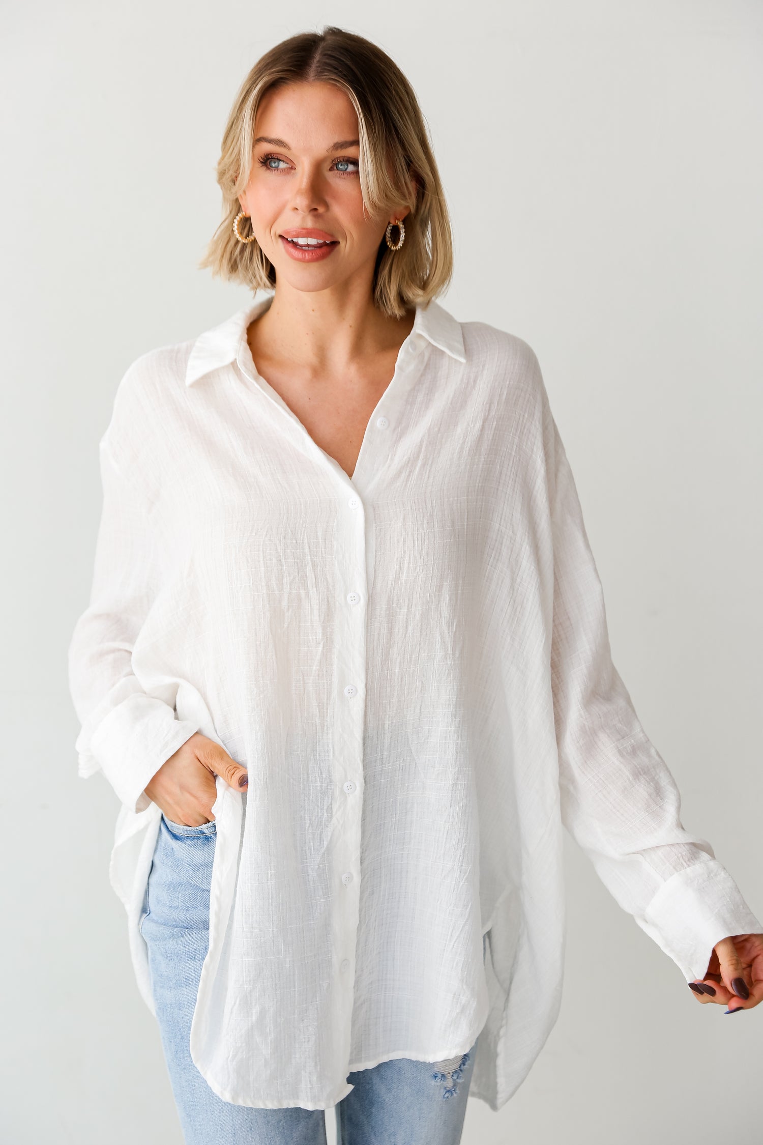 white Oversized Button-Up Blouse