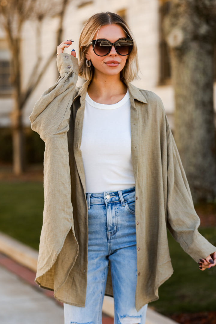 brown Oversized Button-Up Blouse