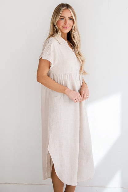 tan midi dress Sophisticated Beauty Linen Midi Dress