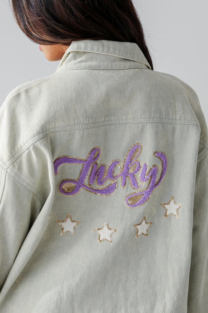 Sage "Lucky" Denim Jacket on model