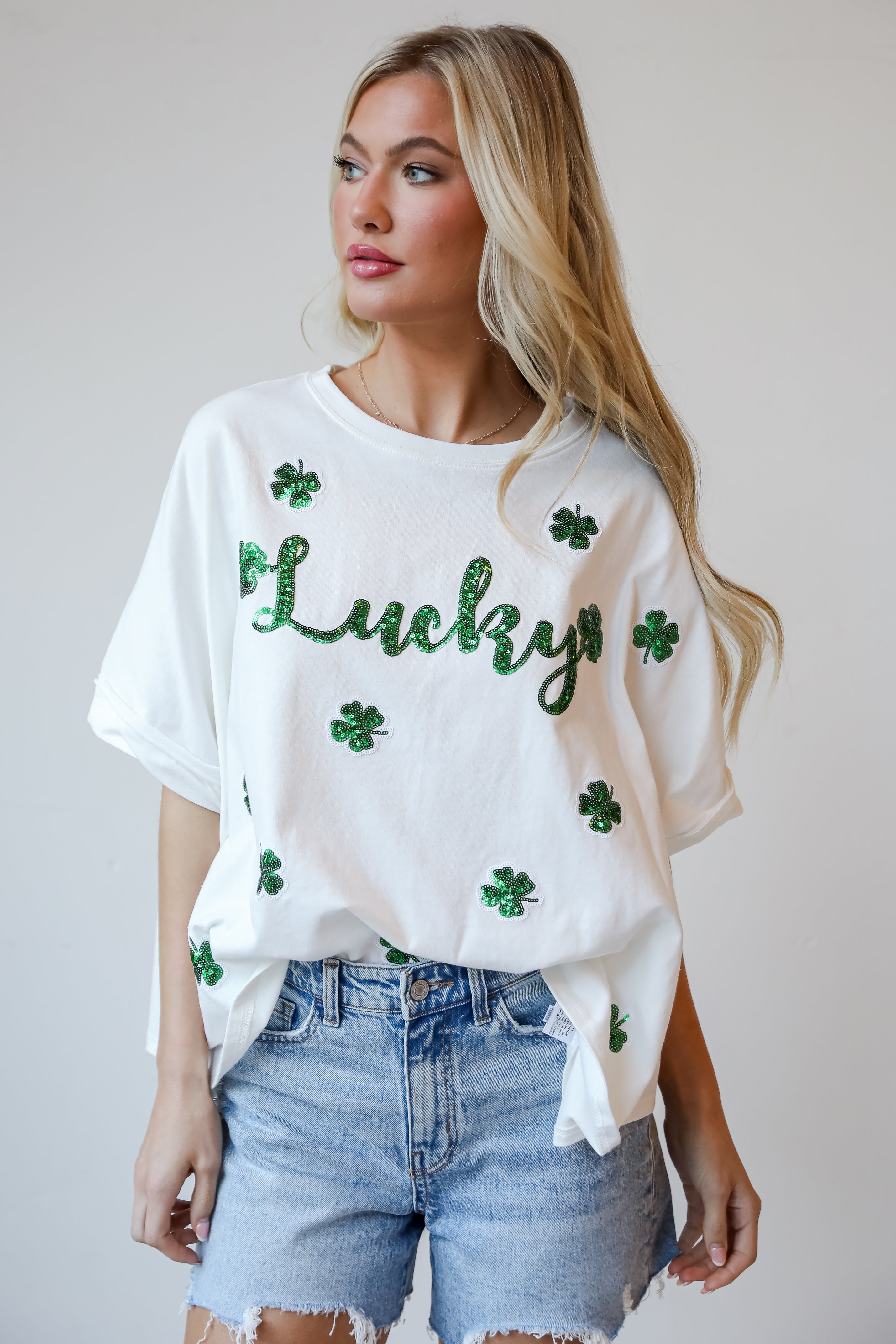 womens White Sequin &quot;Lucky&quot; Four Leaf Clover Tee