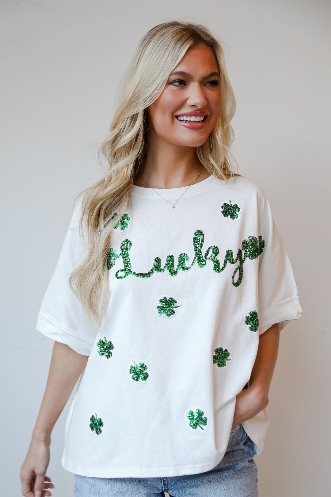 White Sequin "Lucky" Four Leaf Clover Tee