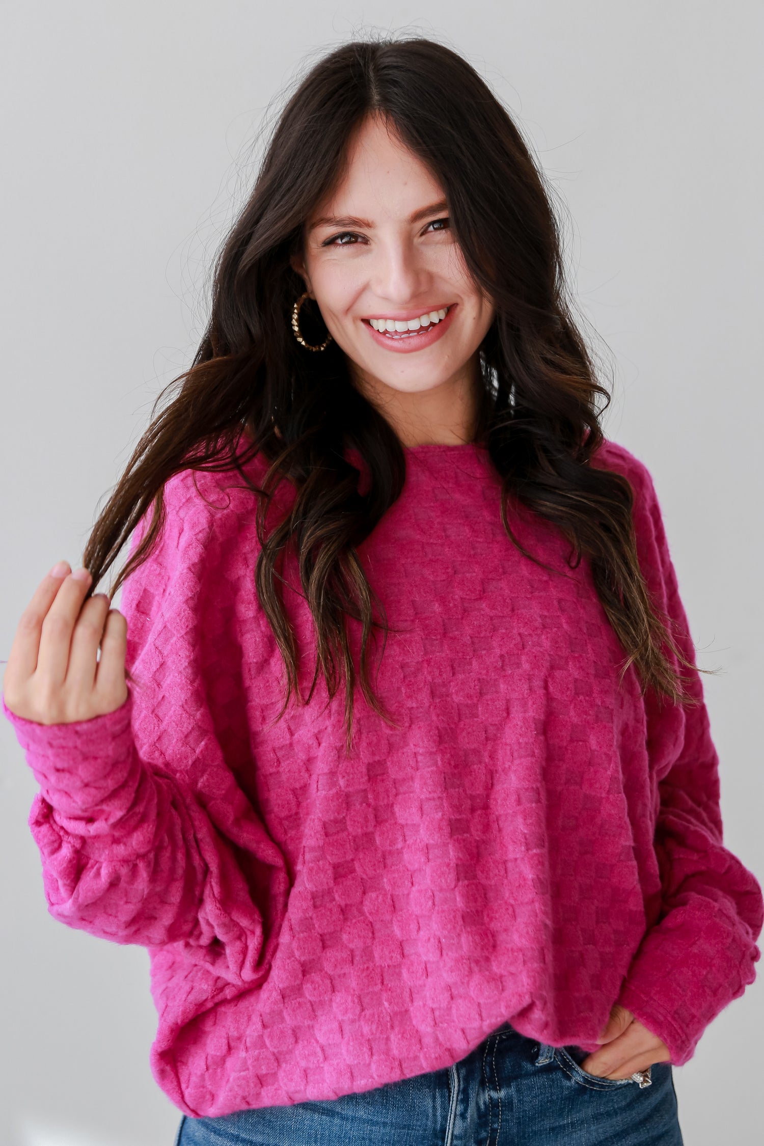 cozy Magenta Checkered Knit Top