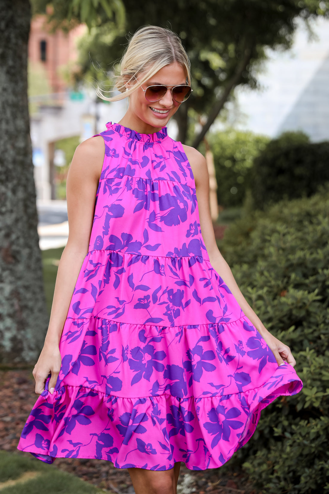 Fancy Sweetness Magenta Floral Tiered Mini Dress