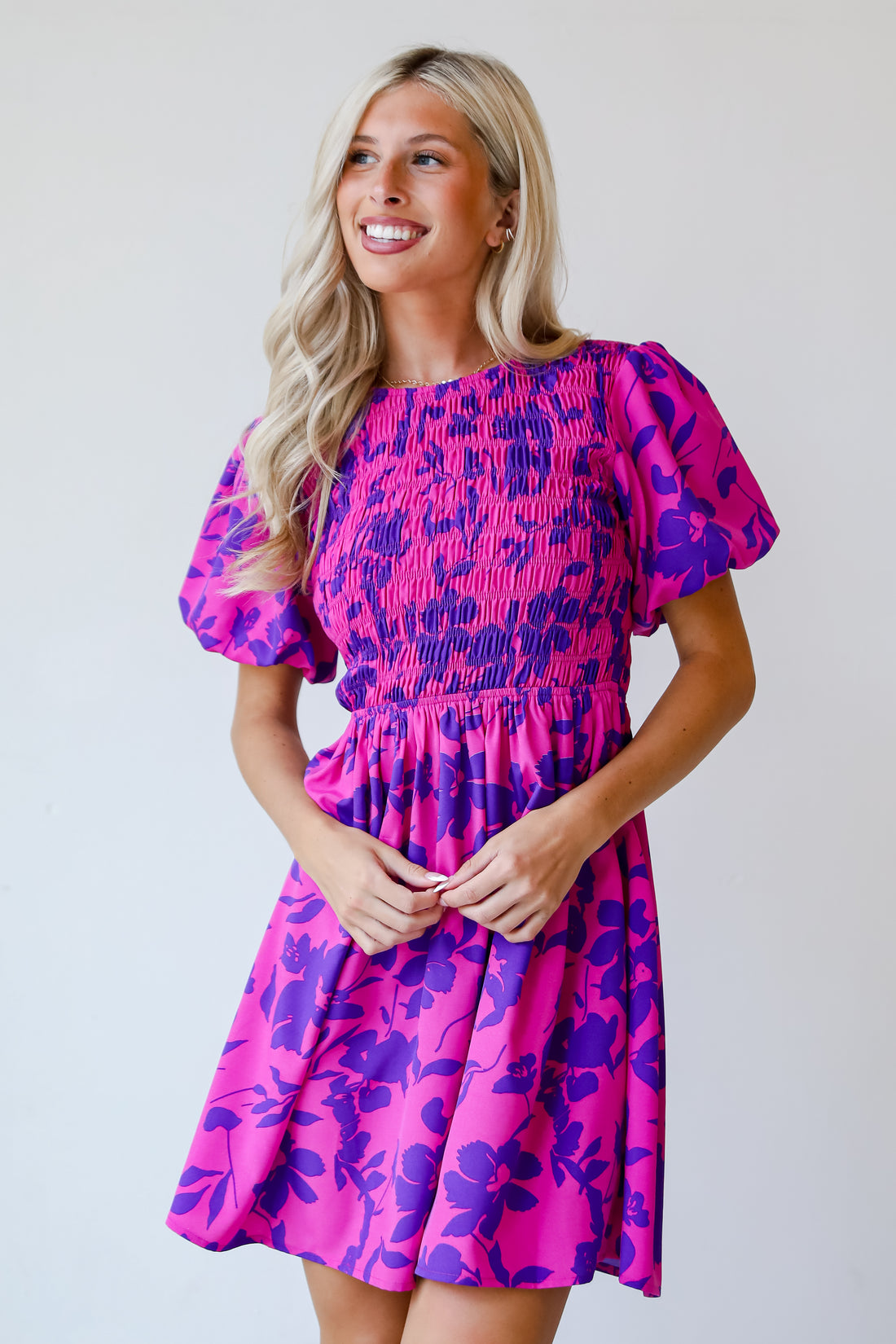 Fancy Sweetness Magenta Floral Puff Sleeve Mini Dress