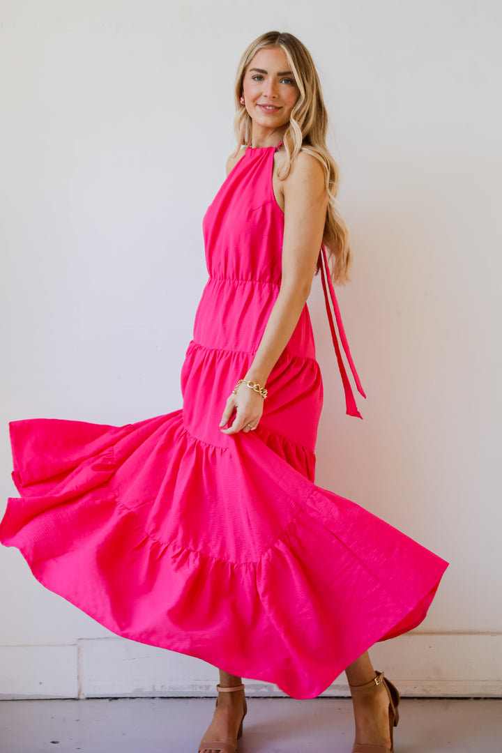 Magenta Tiered Halter Maxi Dress for summer