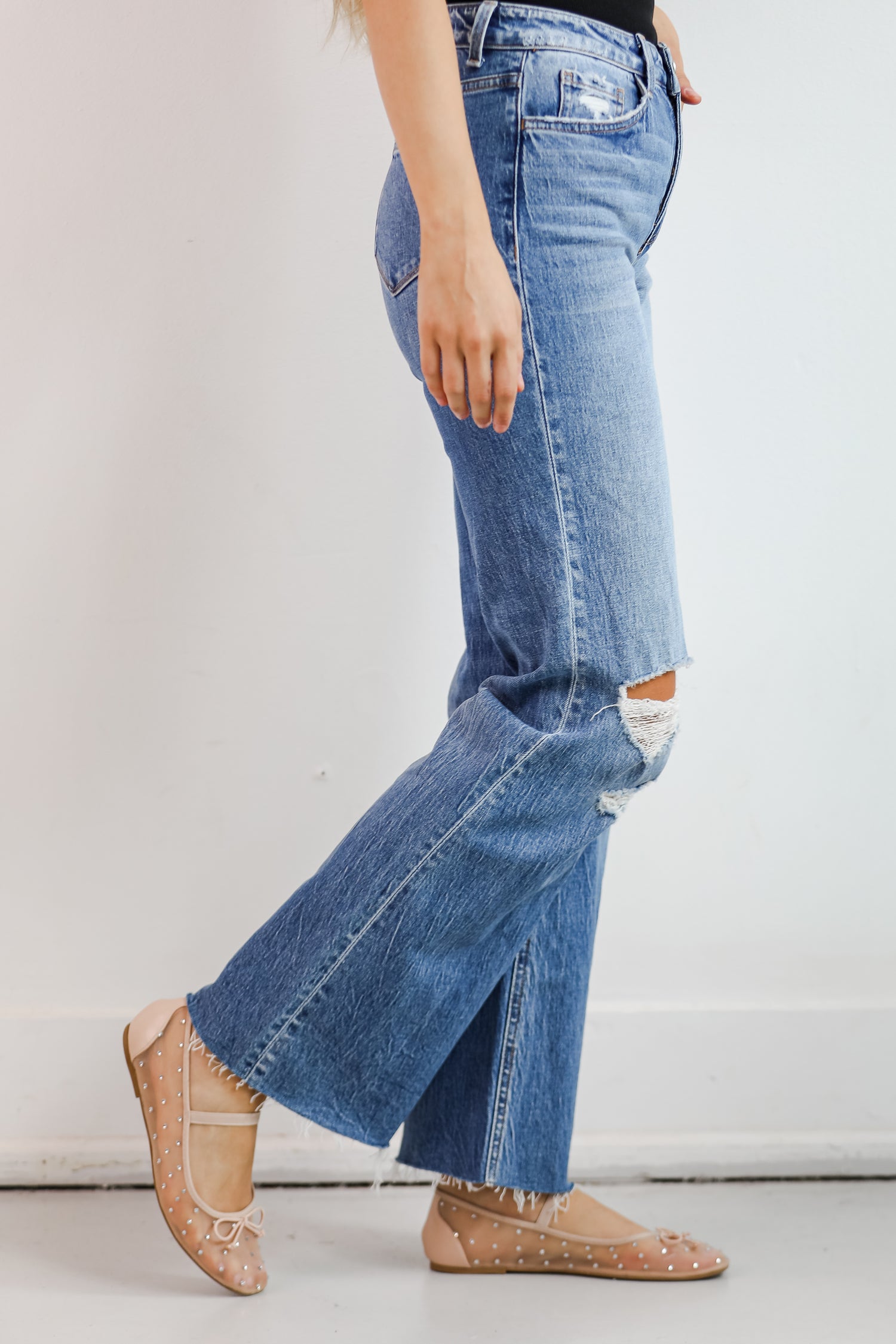 Sydney Medium Wash High-Rise Distressed Wide Leg Jeans