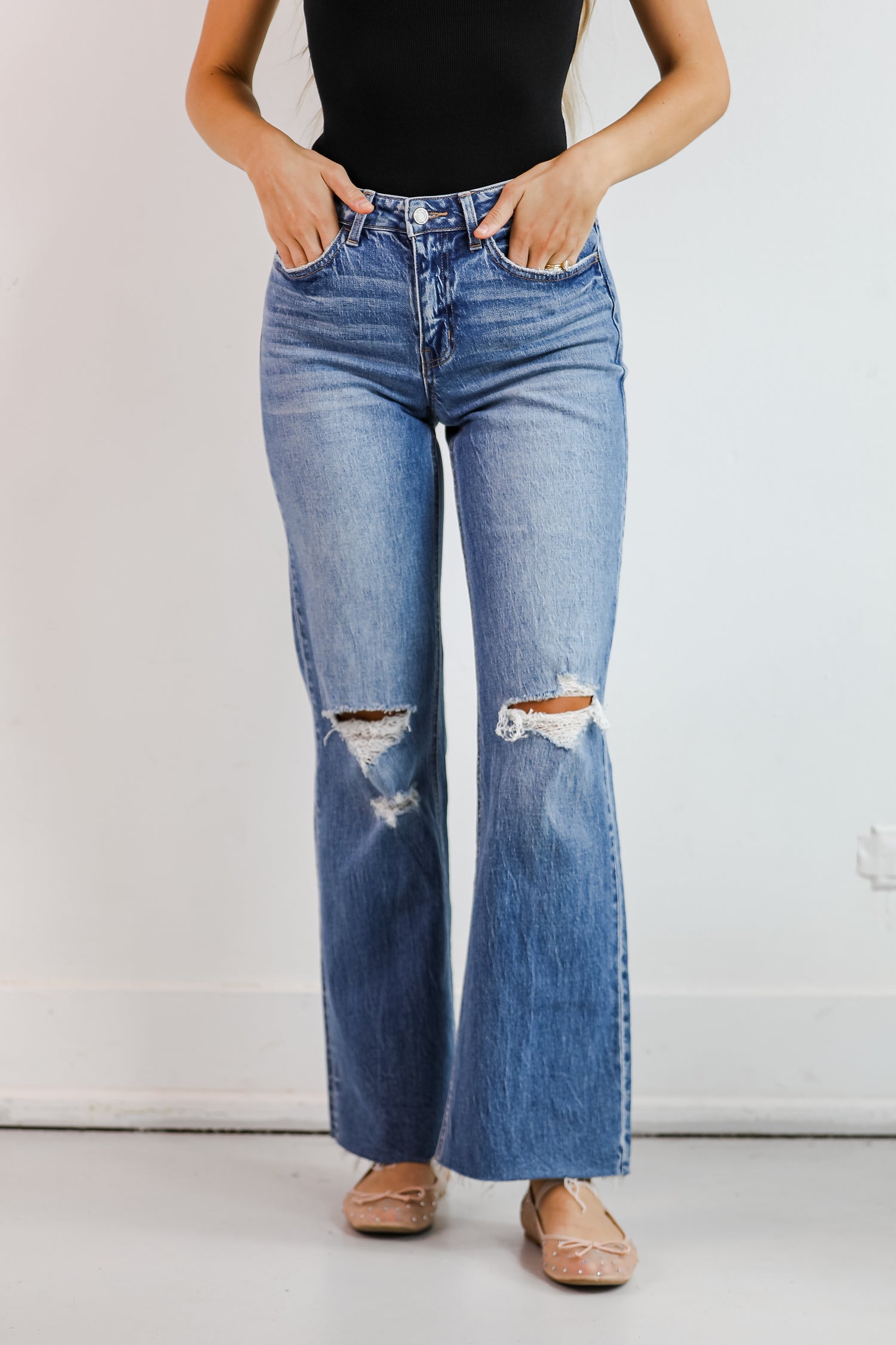 Sydney Medium Wash High-Rise Distressed Wide Leg Jeans