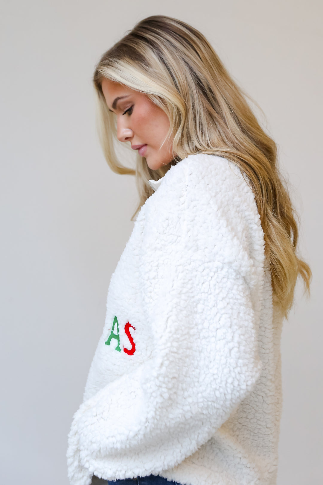 Merry Christmas Ivory Sherpa Quarter Zip Pullover side view