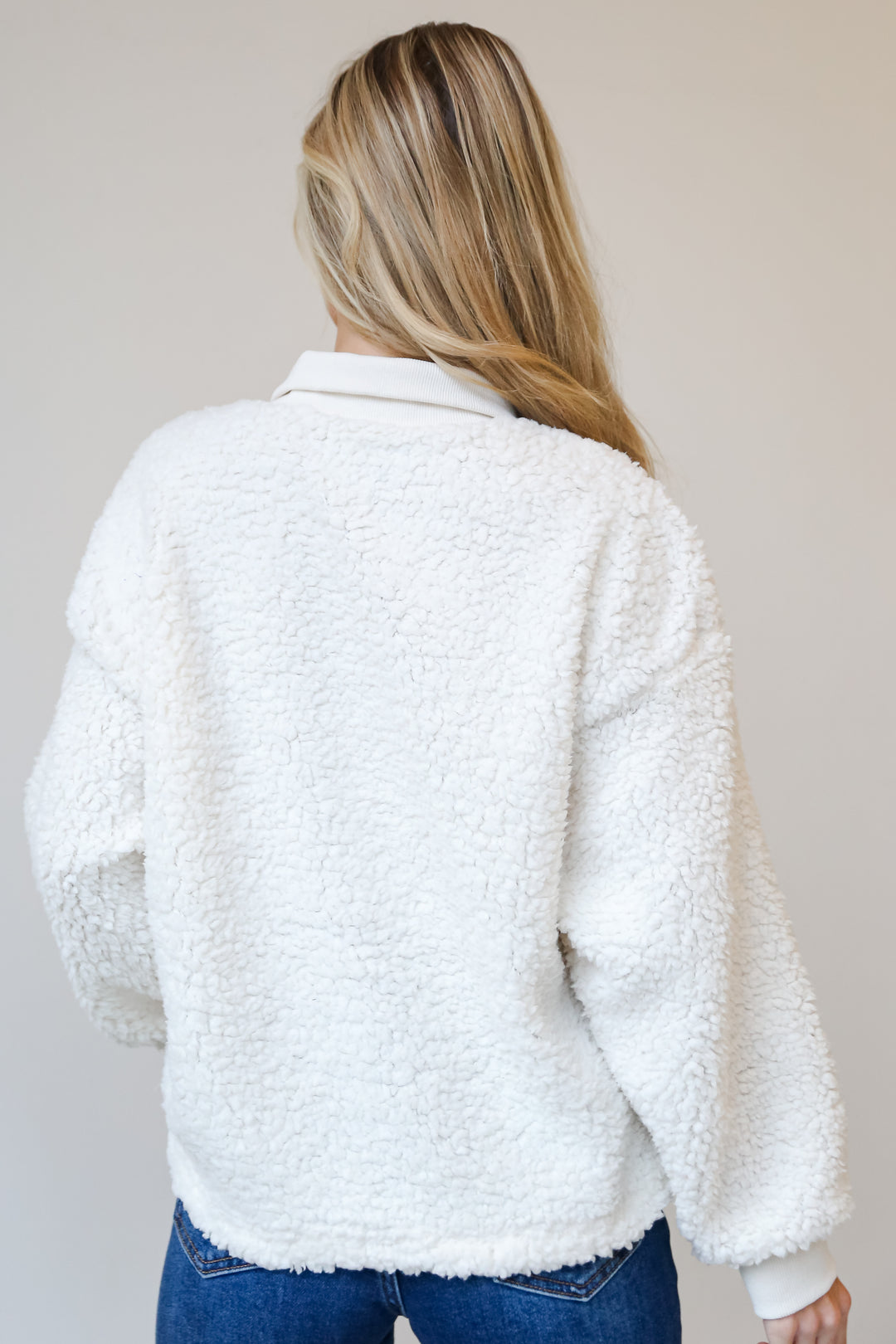 Merry Christmas Ivory Sherpa Quarter Zip Pullover back view