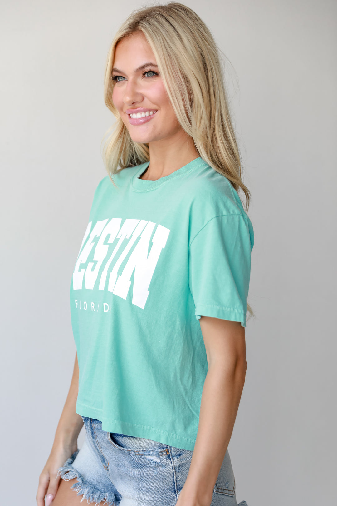 Mint Destin Florida Cropped Tee side view