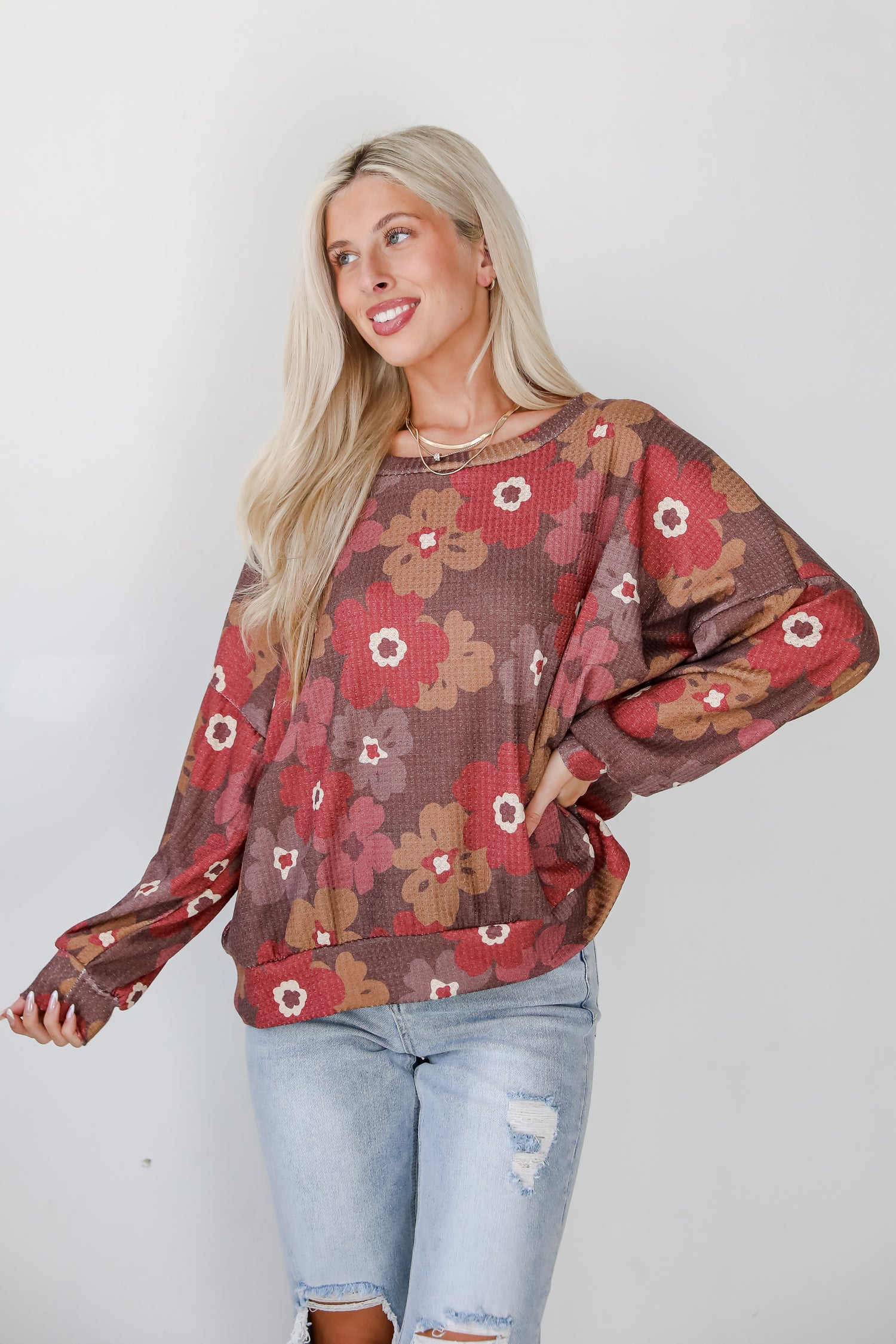 Special Sweetness Mocha Floral Waffle Knit Top