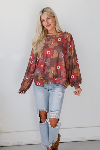 FINAL SALE - Special Sweetness Mocha Floral Waffle Knit Top - DOORBUSTER