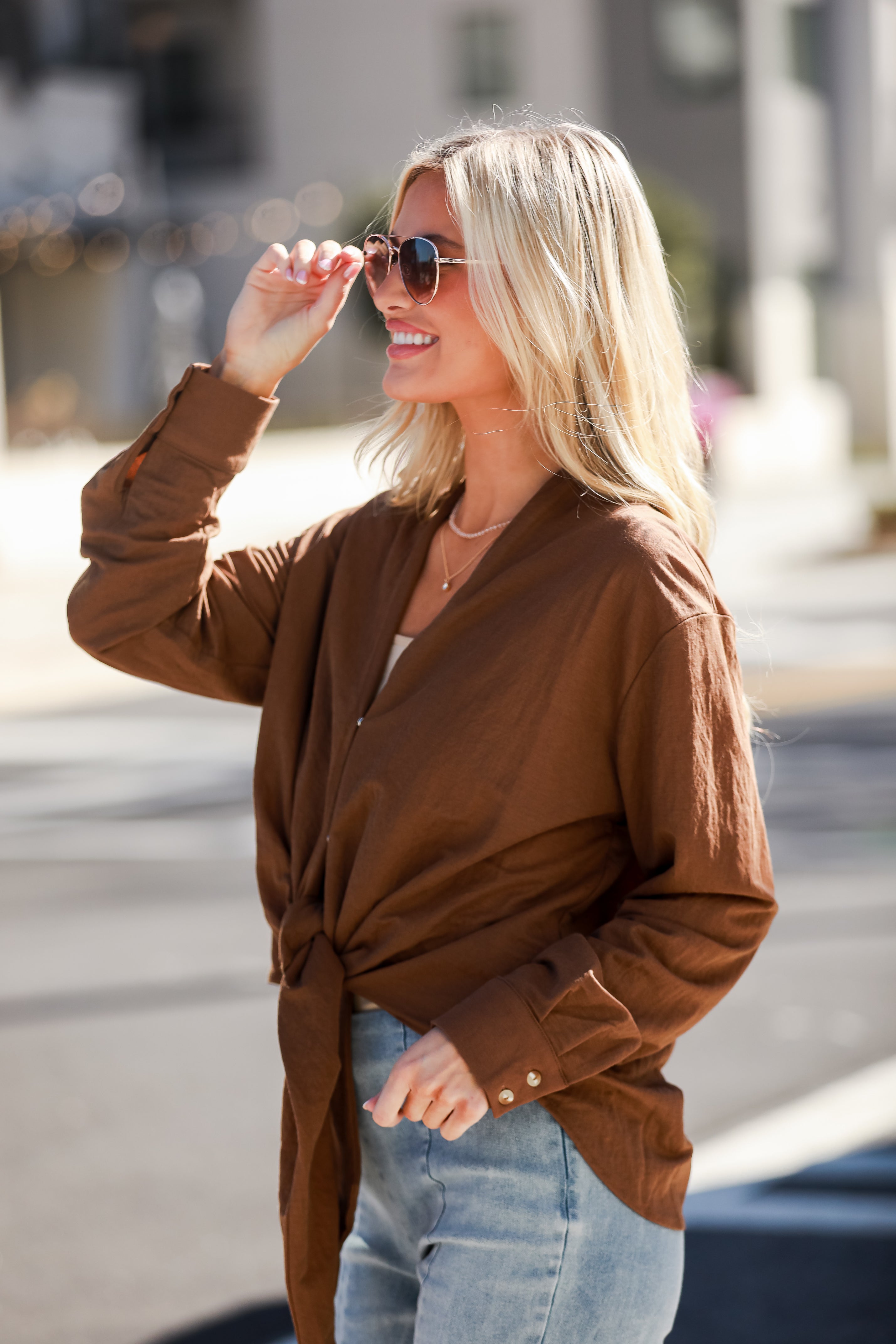 cute Mocha Tie-Front Blouse